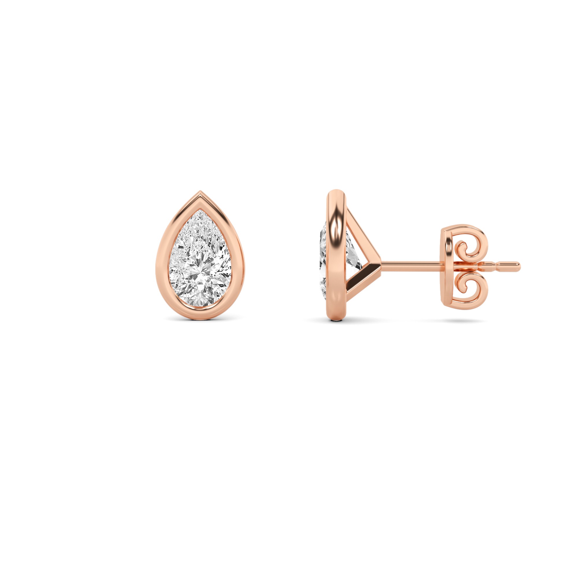 Flat Back Bezel Set Pear Diamond Stud Earring in 9K Rose Gold Push Back