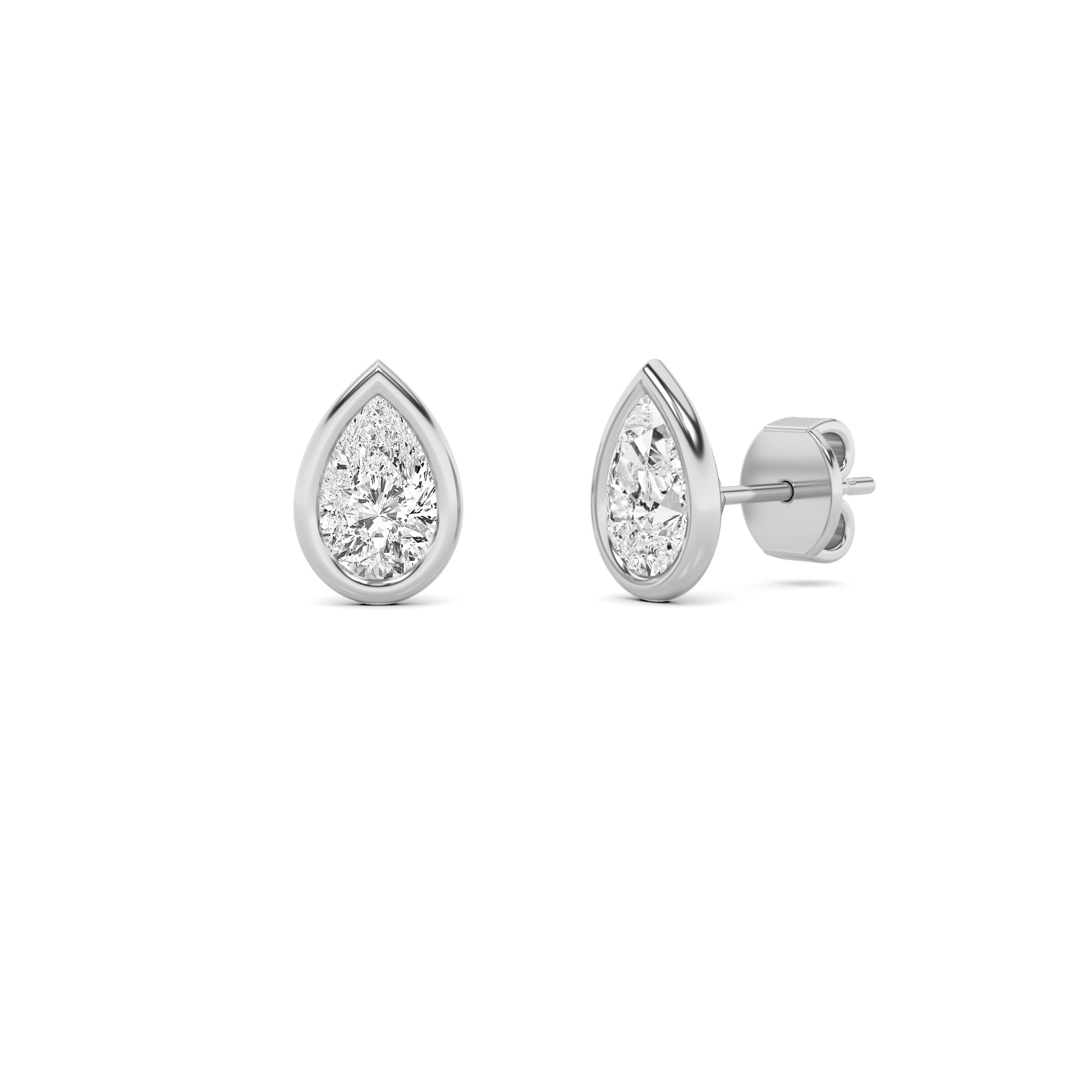Flat Back Bezel Set Pear Diamond Stud Earring in 9K White Gold Push Back