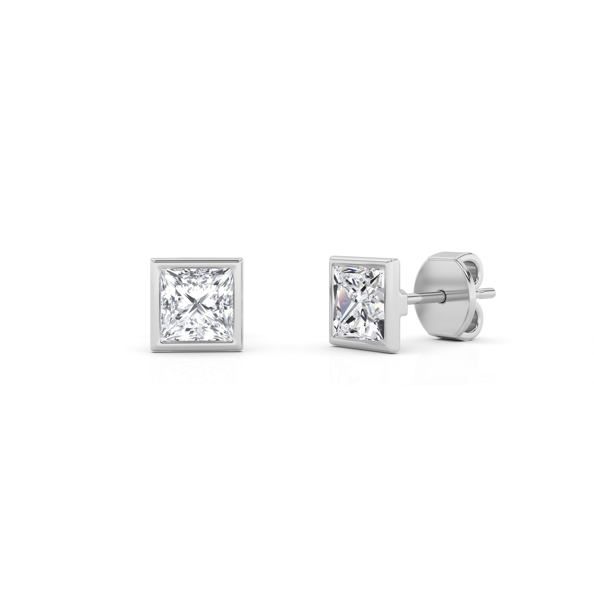 Classic Bezel Set Princess Diamond Stud Earring in 9K White Gold Push Back