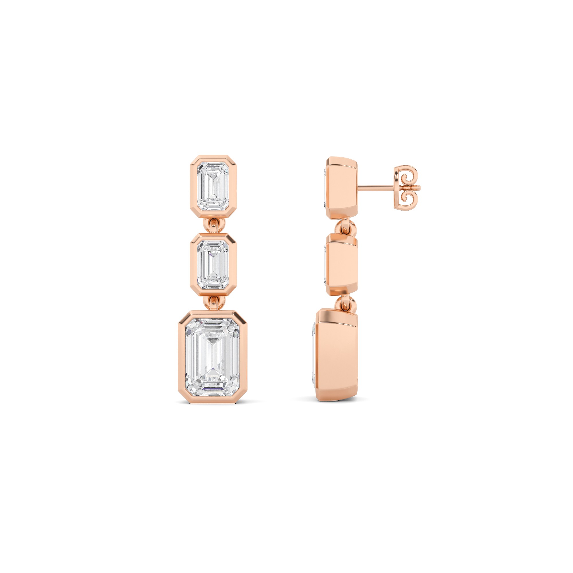 Elegance Bezel Setting Emerald Cut Three Stone Cluster Diamond Earring In 9K White Gold