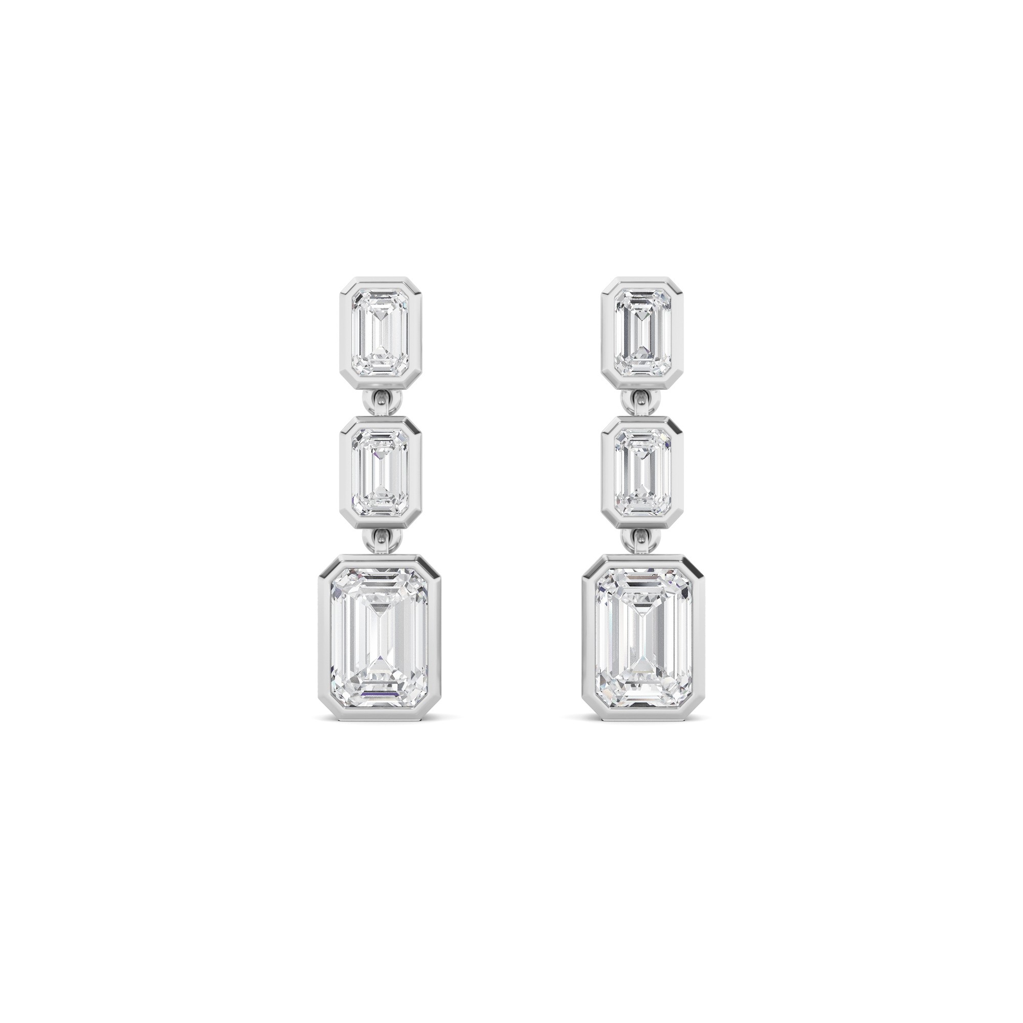 Elegance Bezel Setting Emerald Cut Three Stone Cluster Diamond Earring In 9K White Gold