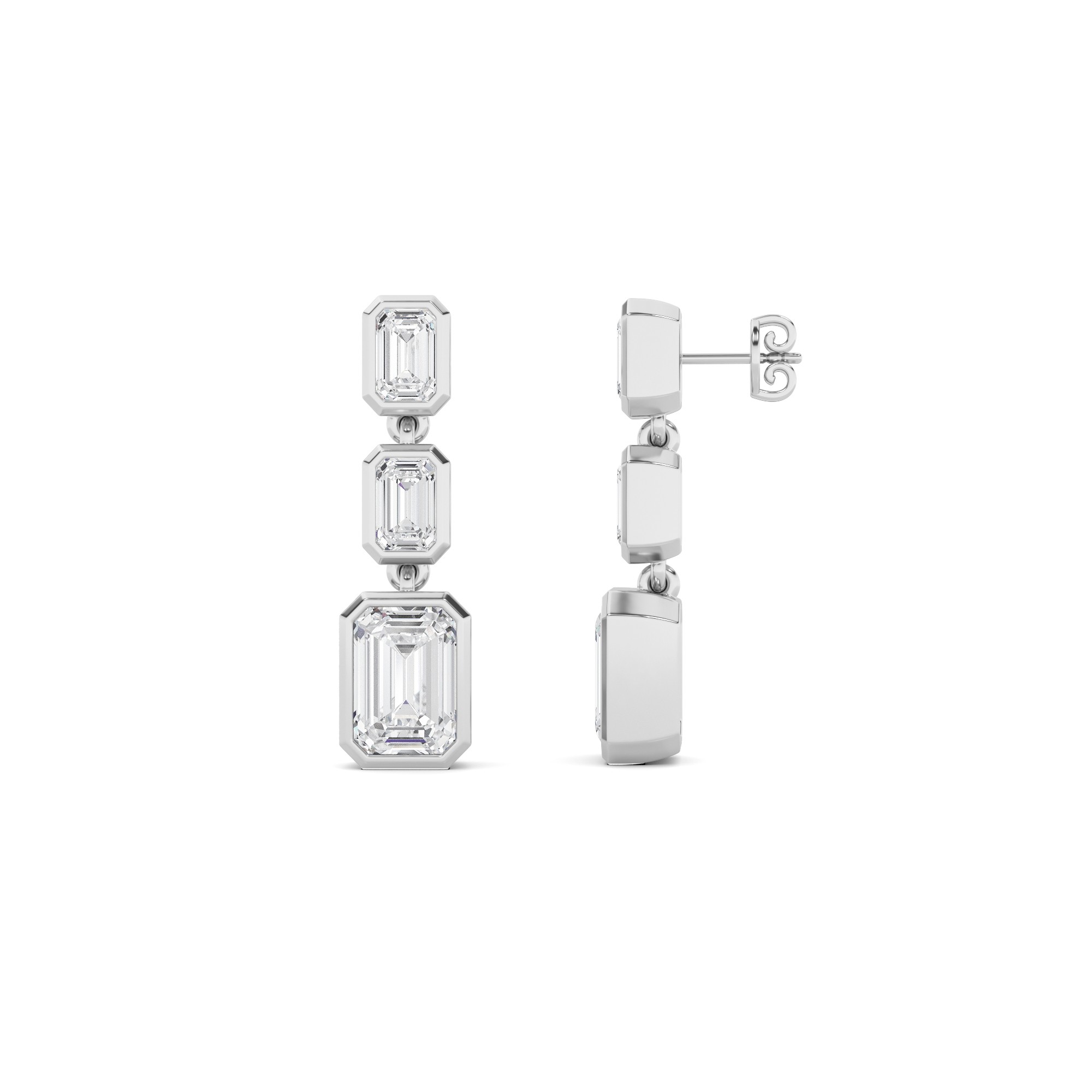 Elegance Bezel Setting Emerald Cut Three Stone Cluster Diamond Earring In 9K White Gold