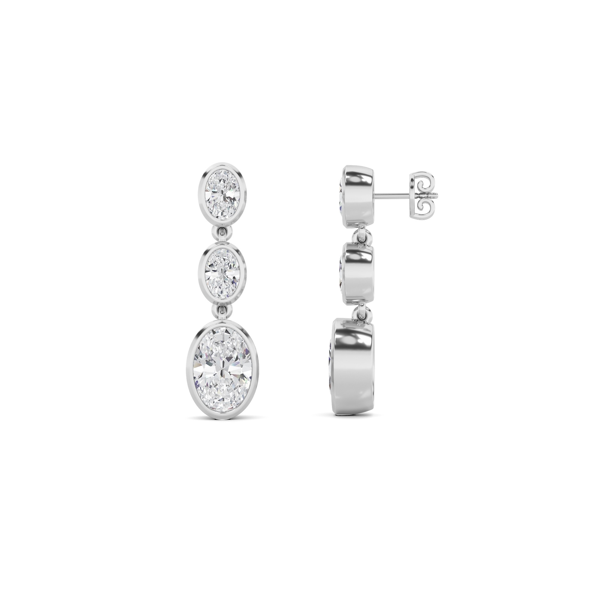 Elegance Bezel Setting Emerald Cut Three Stone Cluster Diamond Earring In 9K White Gold