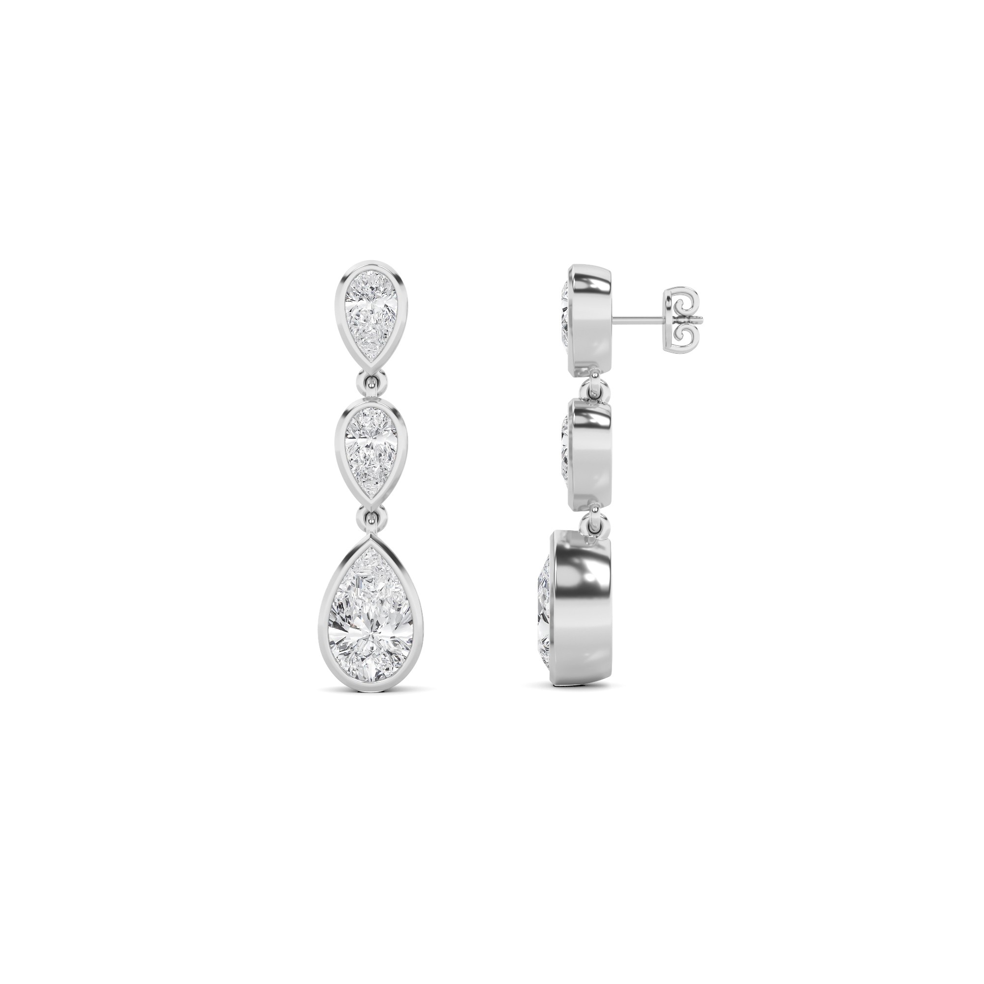 Elegance Bezel Setting Emerald Cut Three Stone Cluster Diamond Earring In 9K White Gold