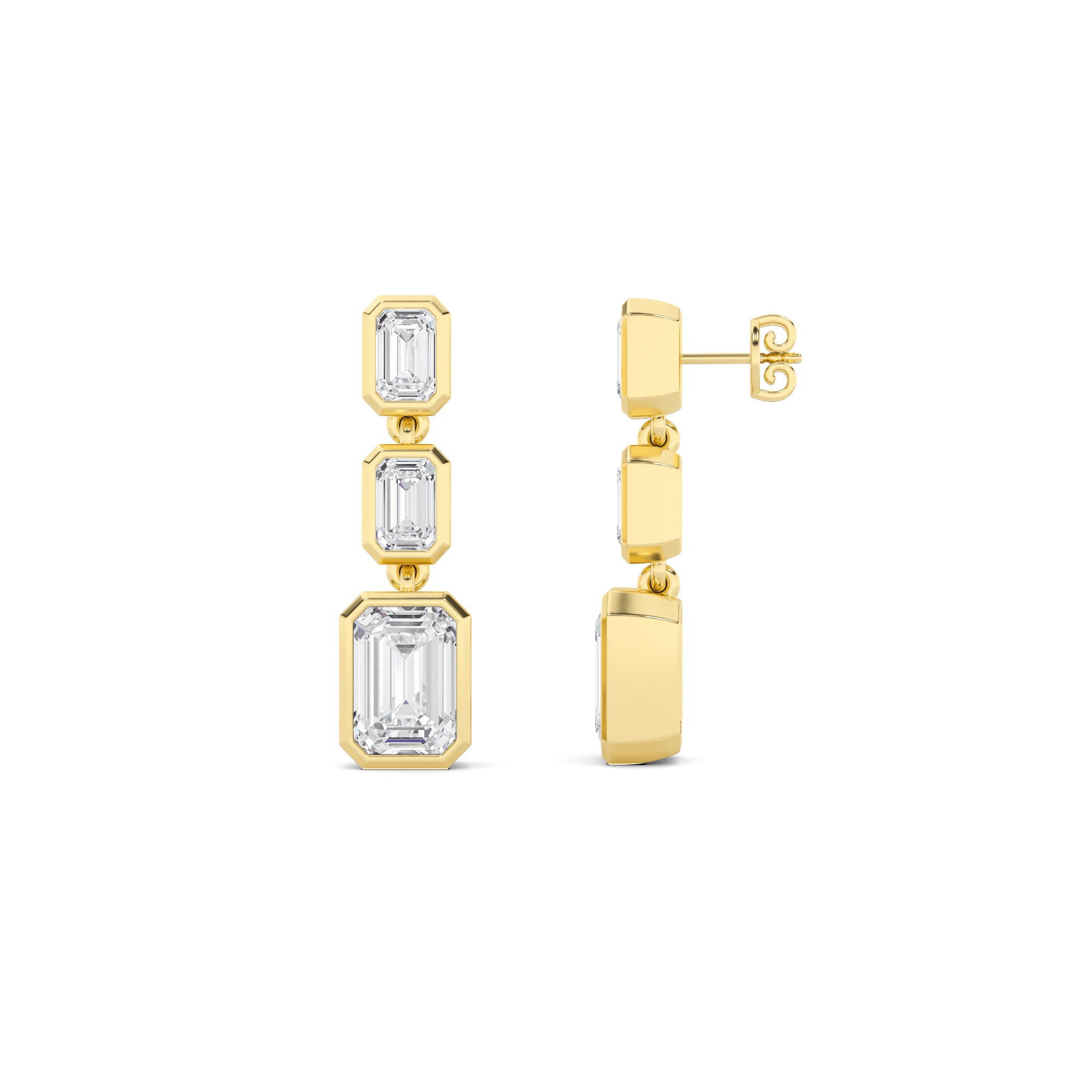 Elegance Bezel Setting Emerald Cut Three Stone Cluster Diamond Earring In 9K White Gold
