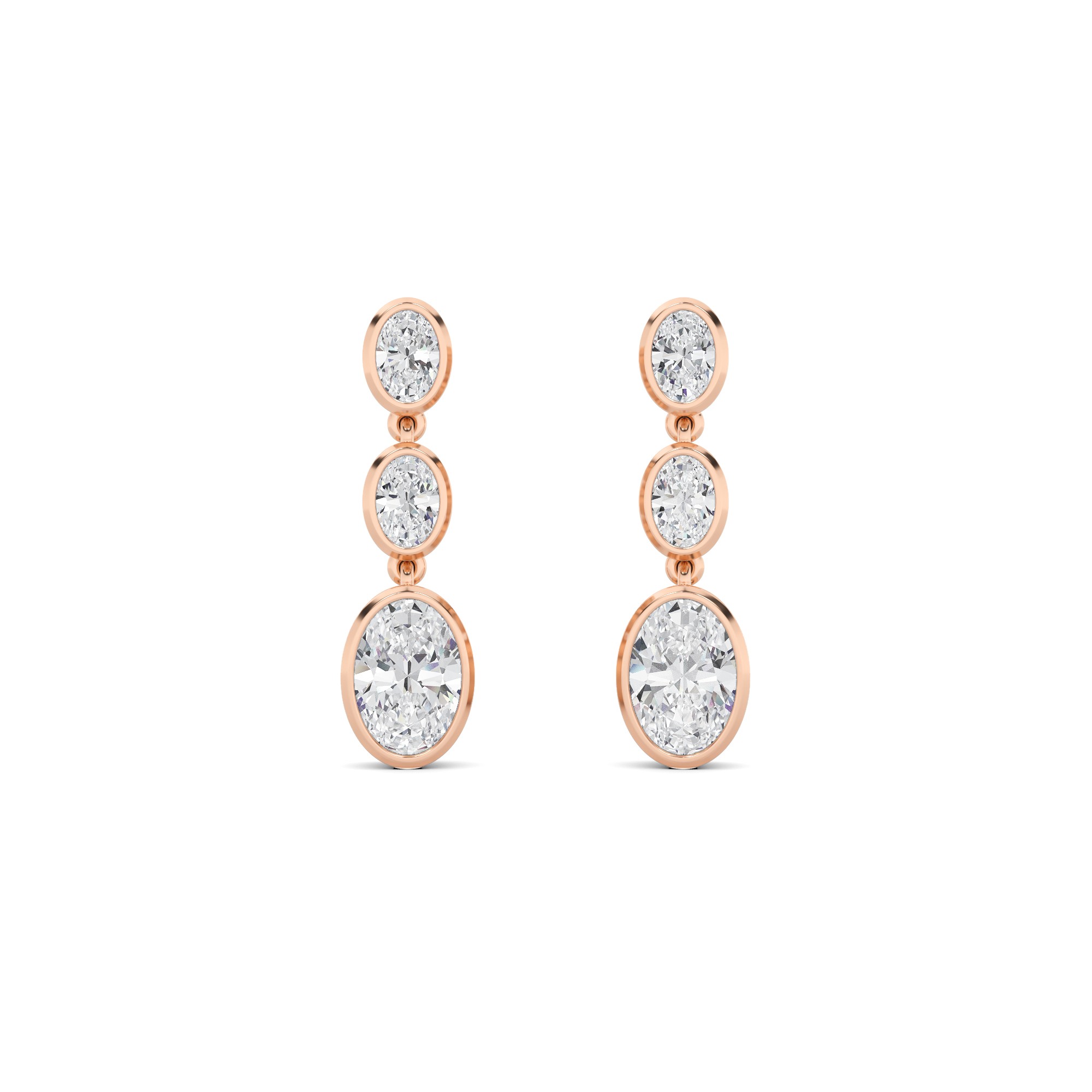 Elegance Bezel Setting Oval Cut Three Stone Cluster Diamond Earring In 9K Rose Gold