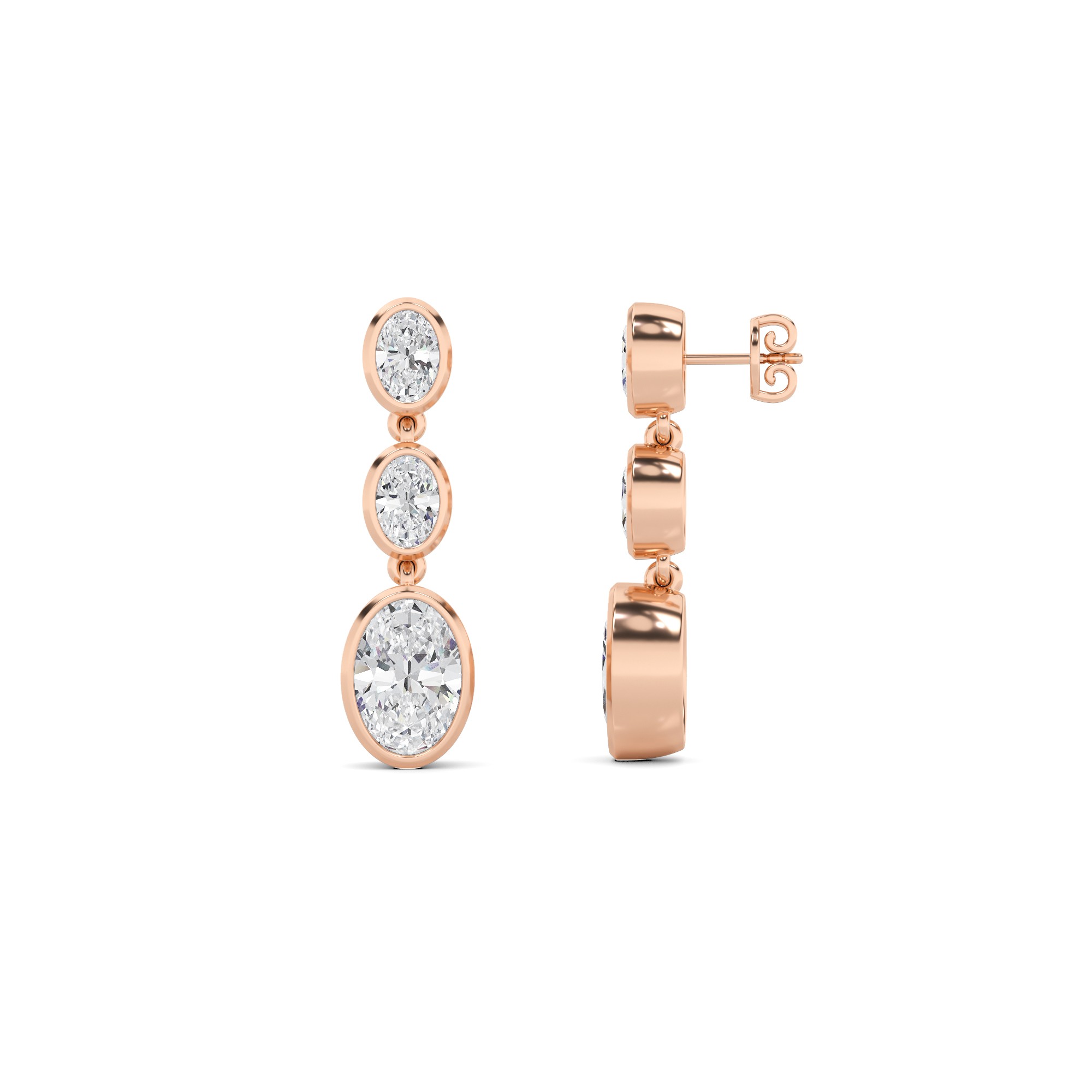 Elegance Bezel Setting Oval Cut Three Stone Cluster Diamond Earring In 9K Rose Gold