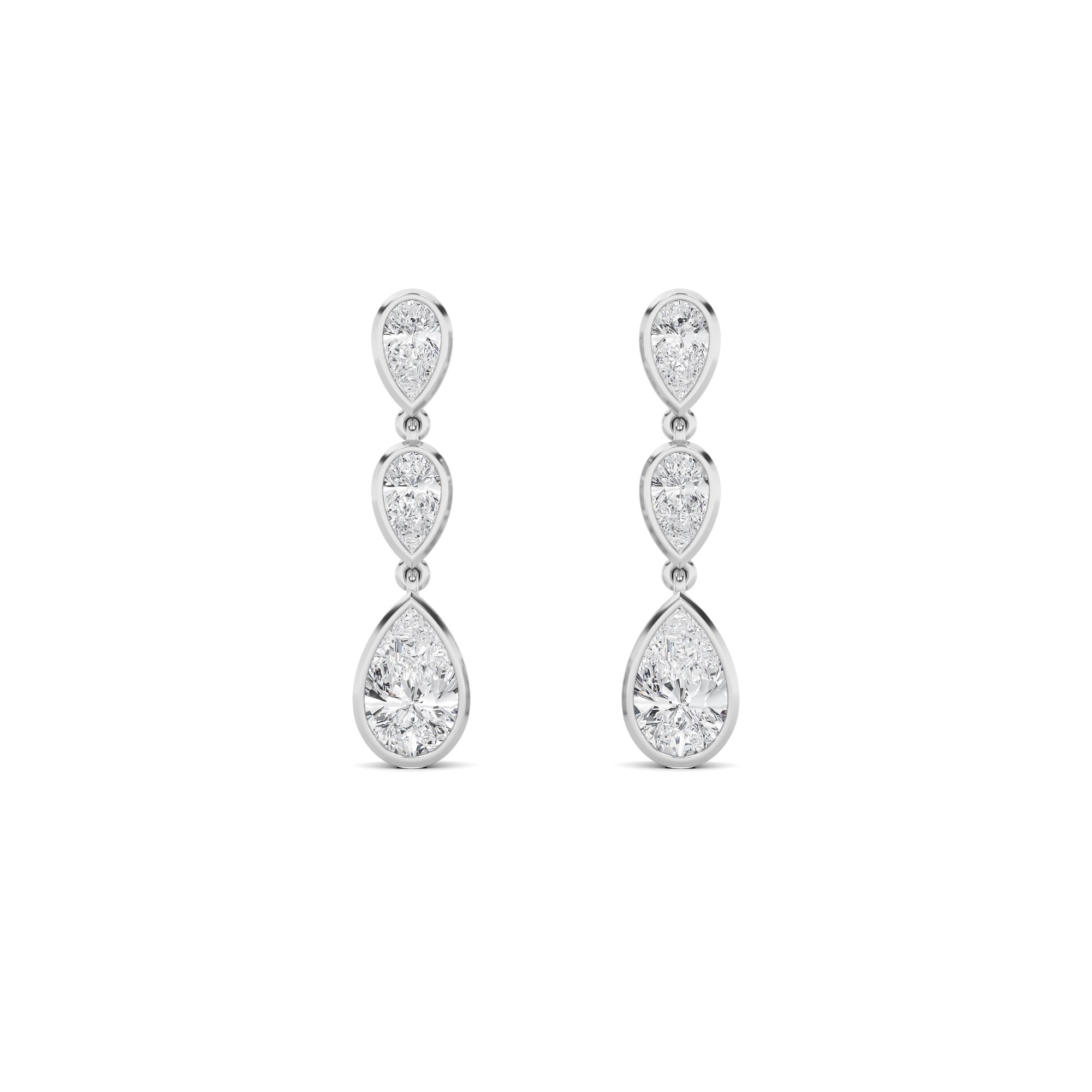 Elegance Bezel Setting Pear Cut Three Stone Cluster Diamond Earring In 9K White Gold