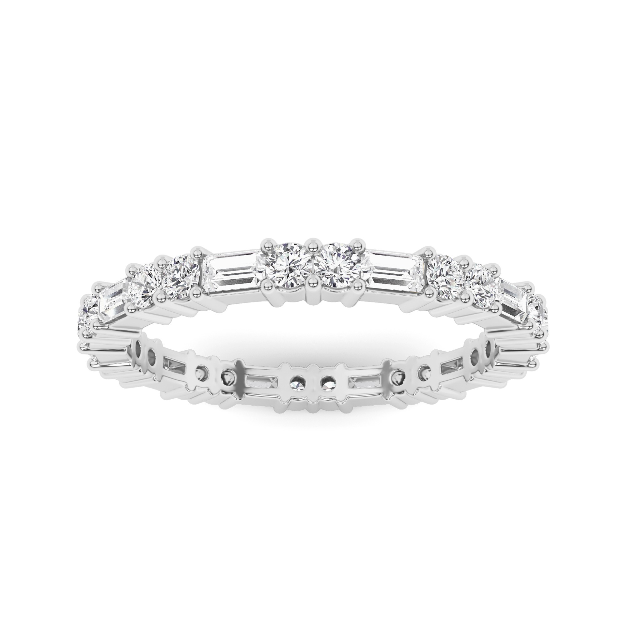 4 Prong Round And Baguette Station Full Eternity Ring In 9K White Gold