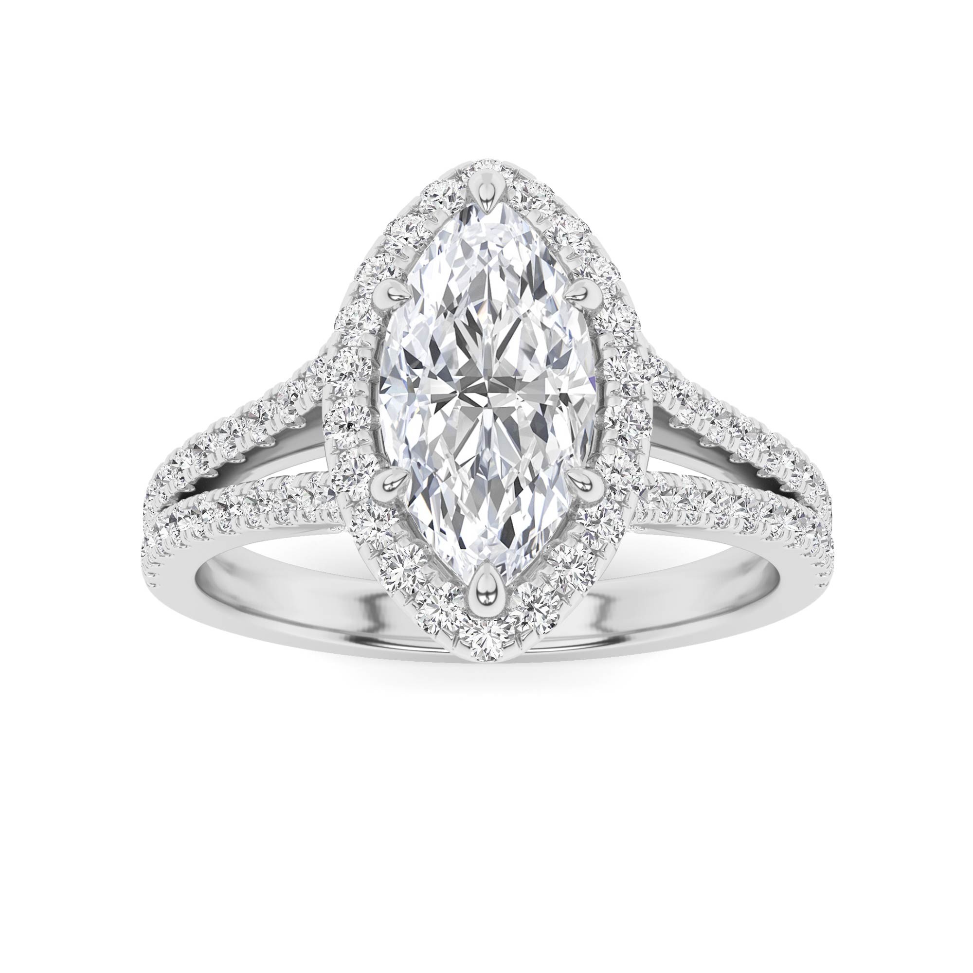 Classic Split Shank Round Cut Halo Engagement Ring In 9K White Gold