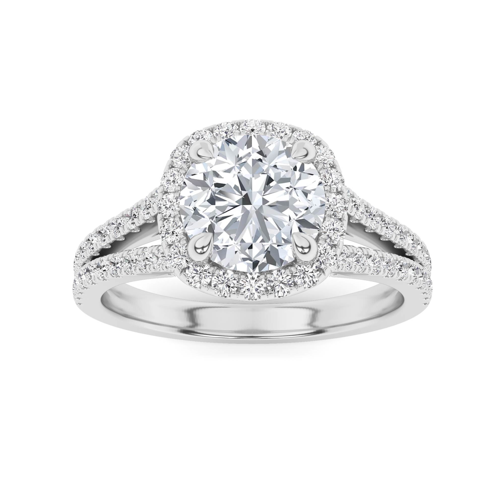 Classic Split Shank Round Cut Halo Engagement Ring In 9K White Gold