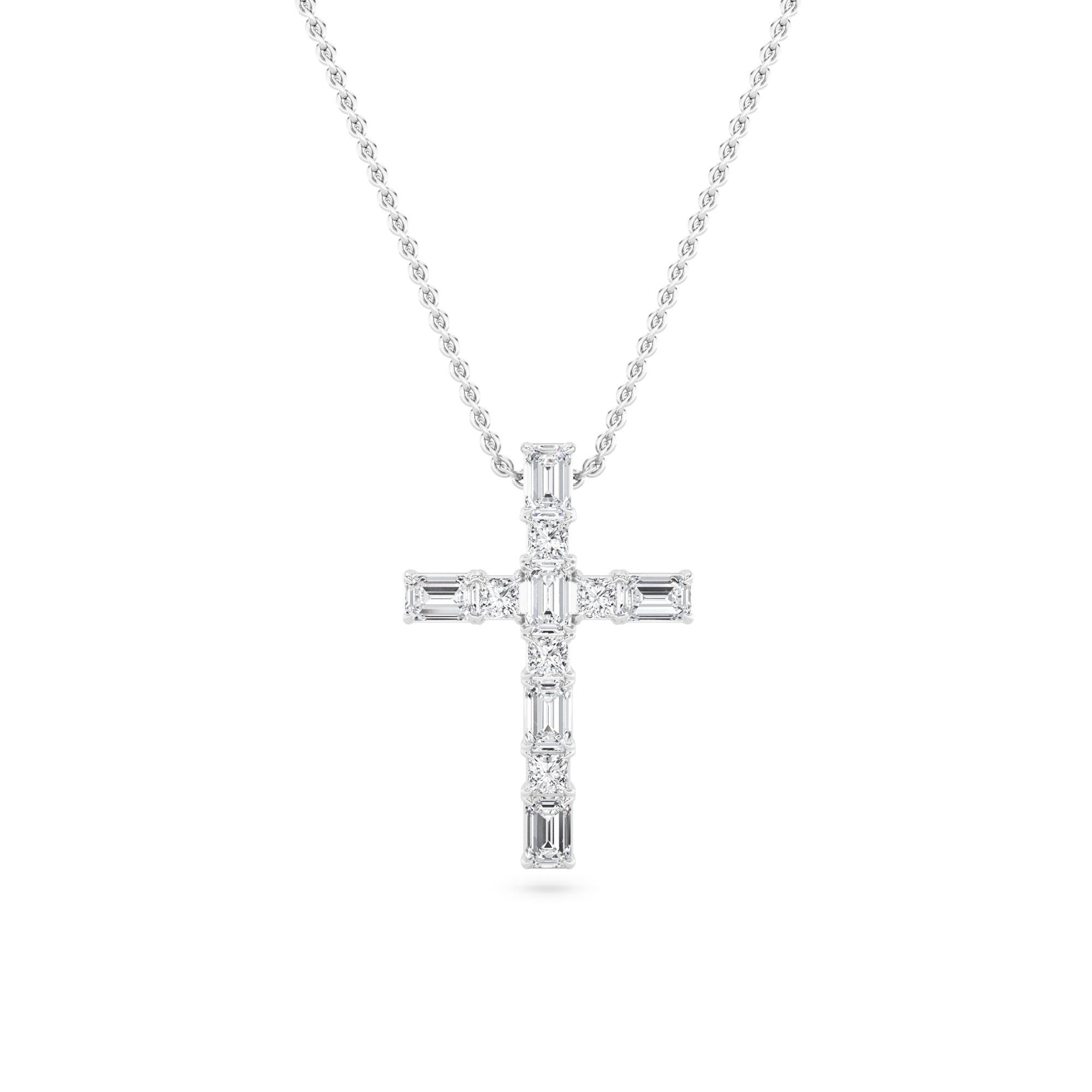 Shimmering Prong Set Emerld & Princess Cut Diamond Cross Pendant Necklace with 18" Chain
