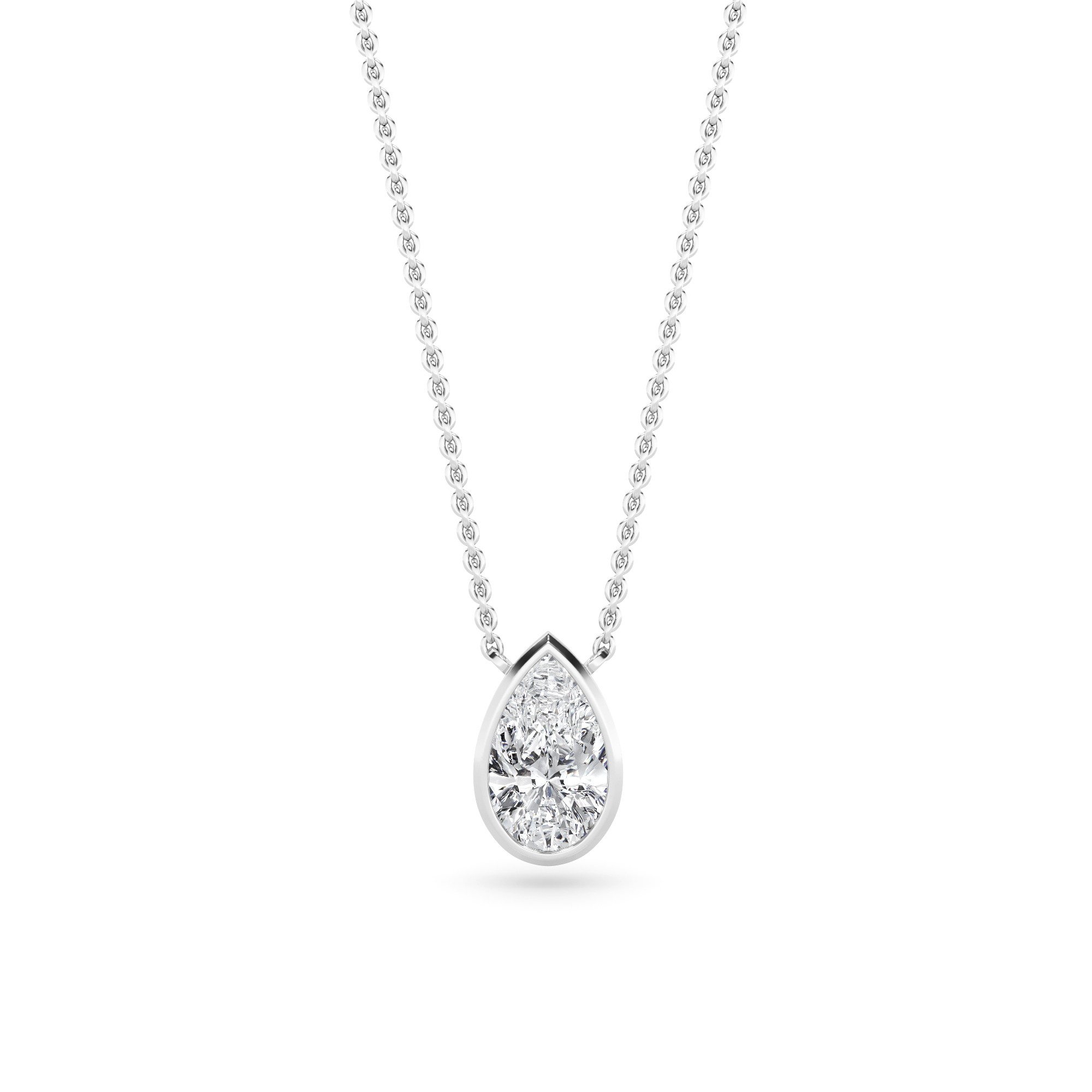Classic Solitaire Vartex Bezel Set Pear Cut Pendant In 9K White Gold