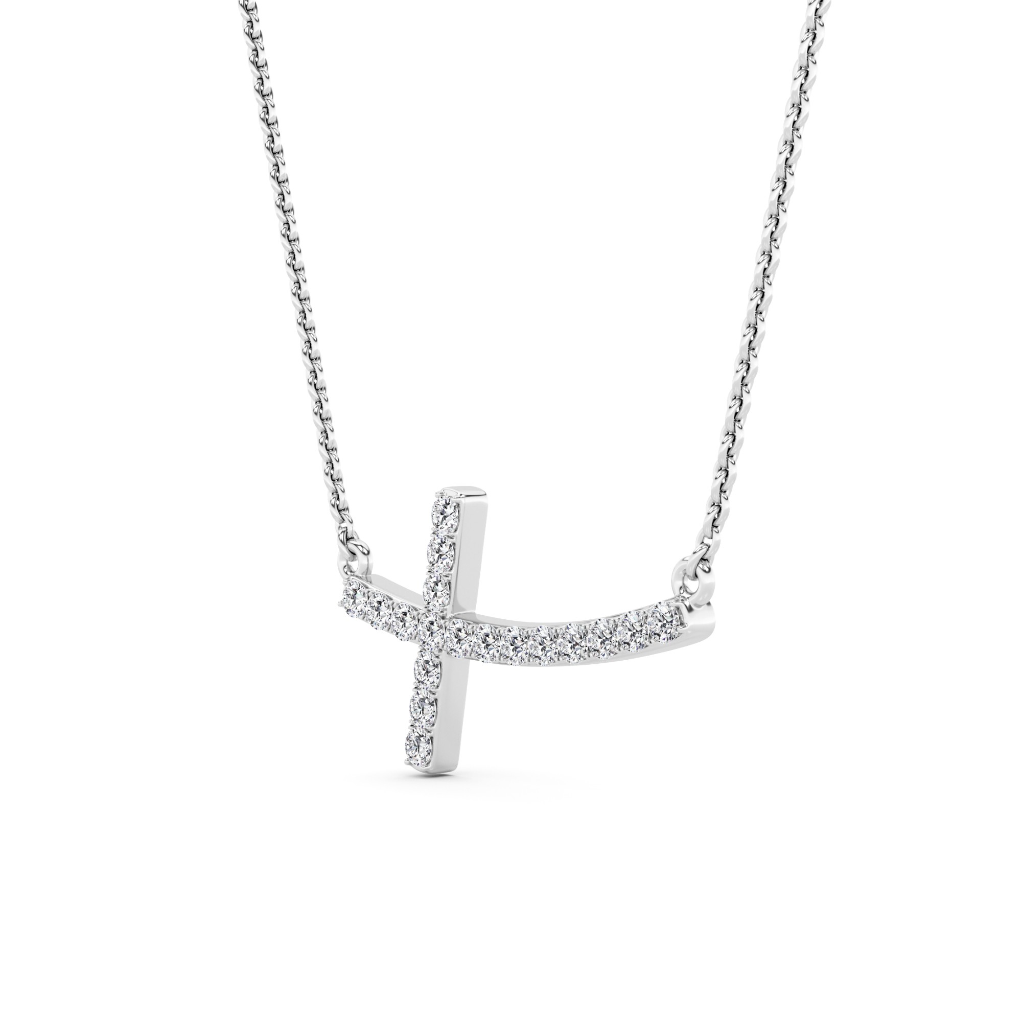 Sideways 4 Prong Round Cut Diamond Cross Necklaces In 9K White Gold