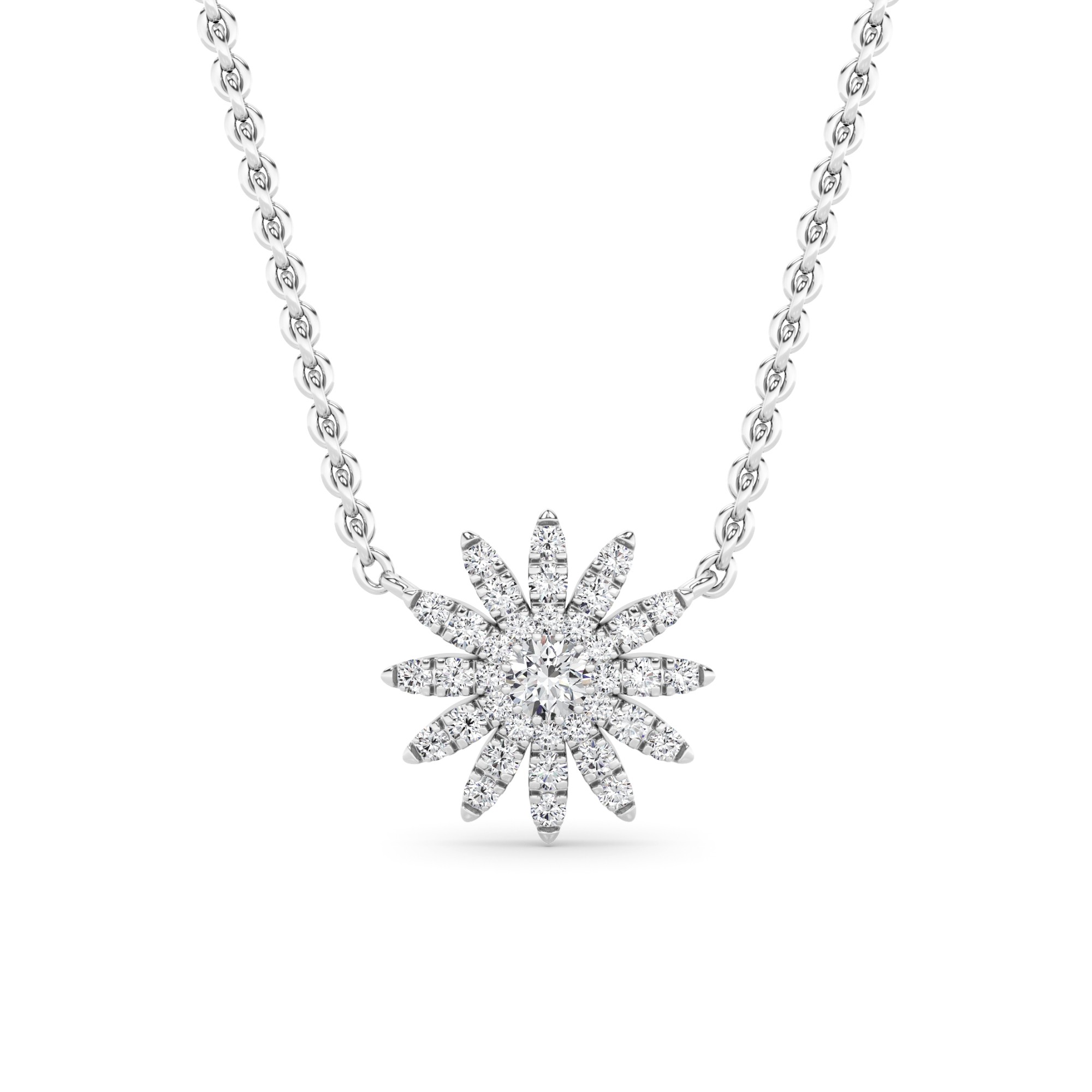 Flower Style Round Cut Diamond Designer Necklaces In 9K White Gold