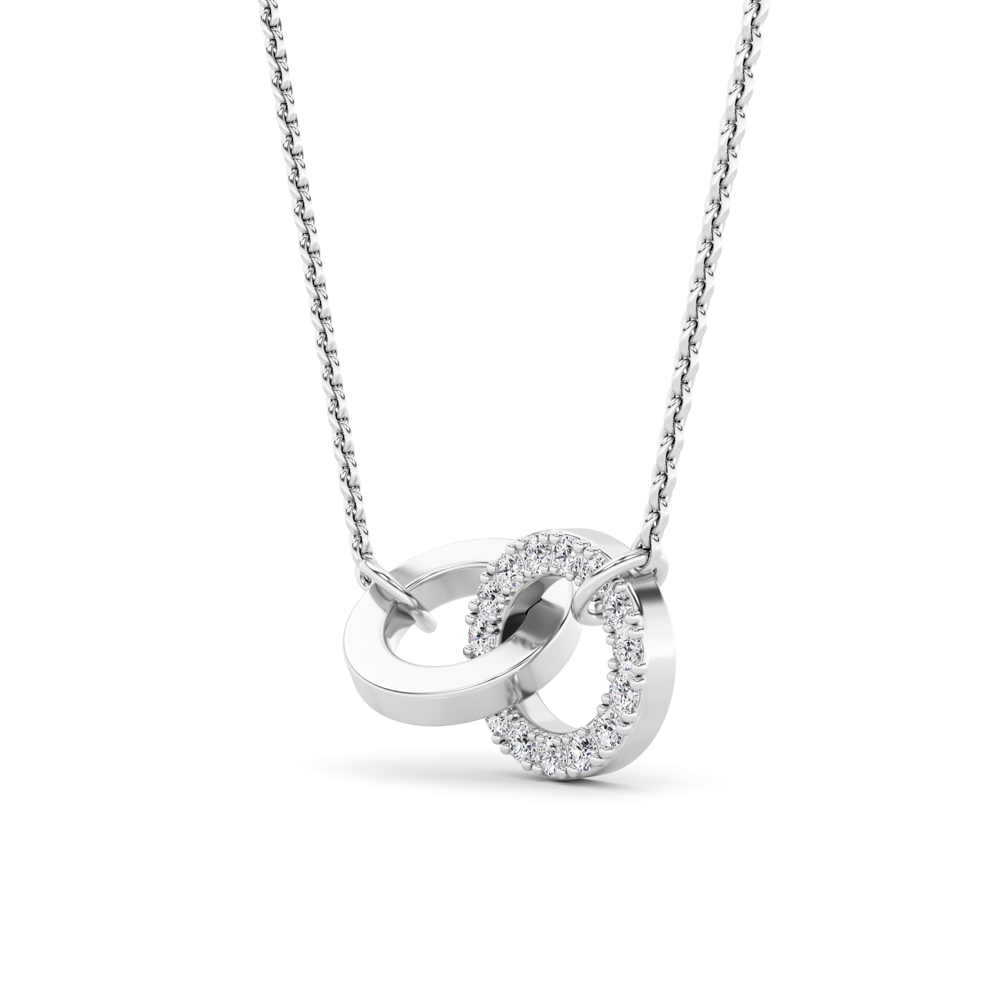 Double Inter Lock Round Cut Diamond Circle Necklaces In 9K White Gold