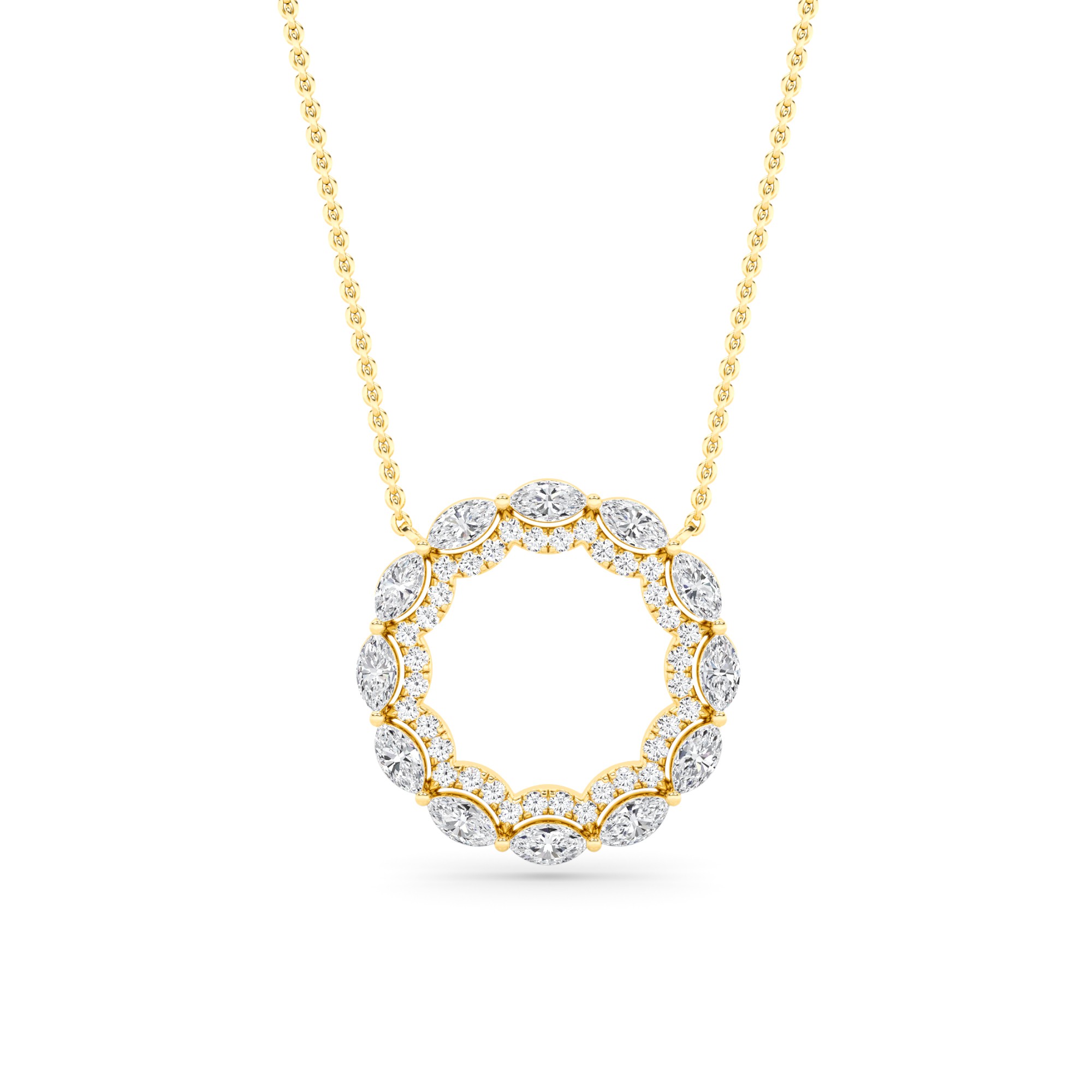 Elegant  Prong Set Marquise & Round Cut Diamond Round Pendant Necklace in 9K Yellow Gold
