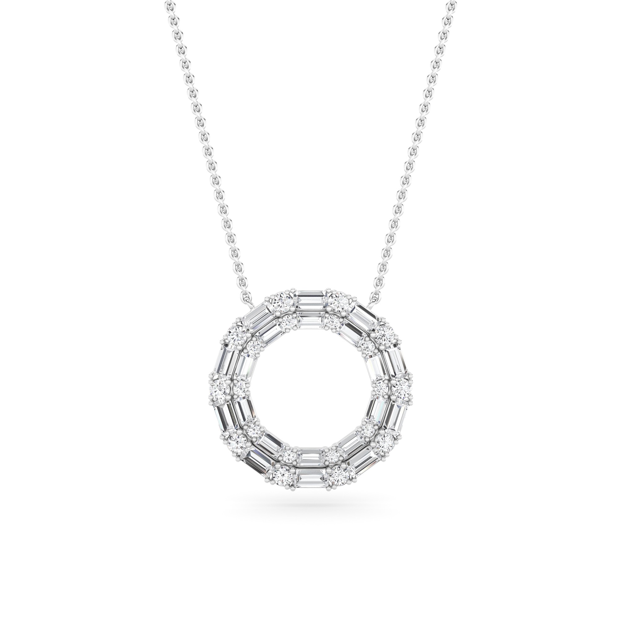 Double Circle Prong Set Round & Baguette Cut Diamond Circle Necklace in 9K White Gold with Chain