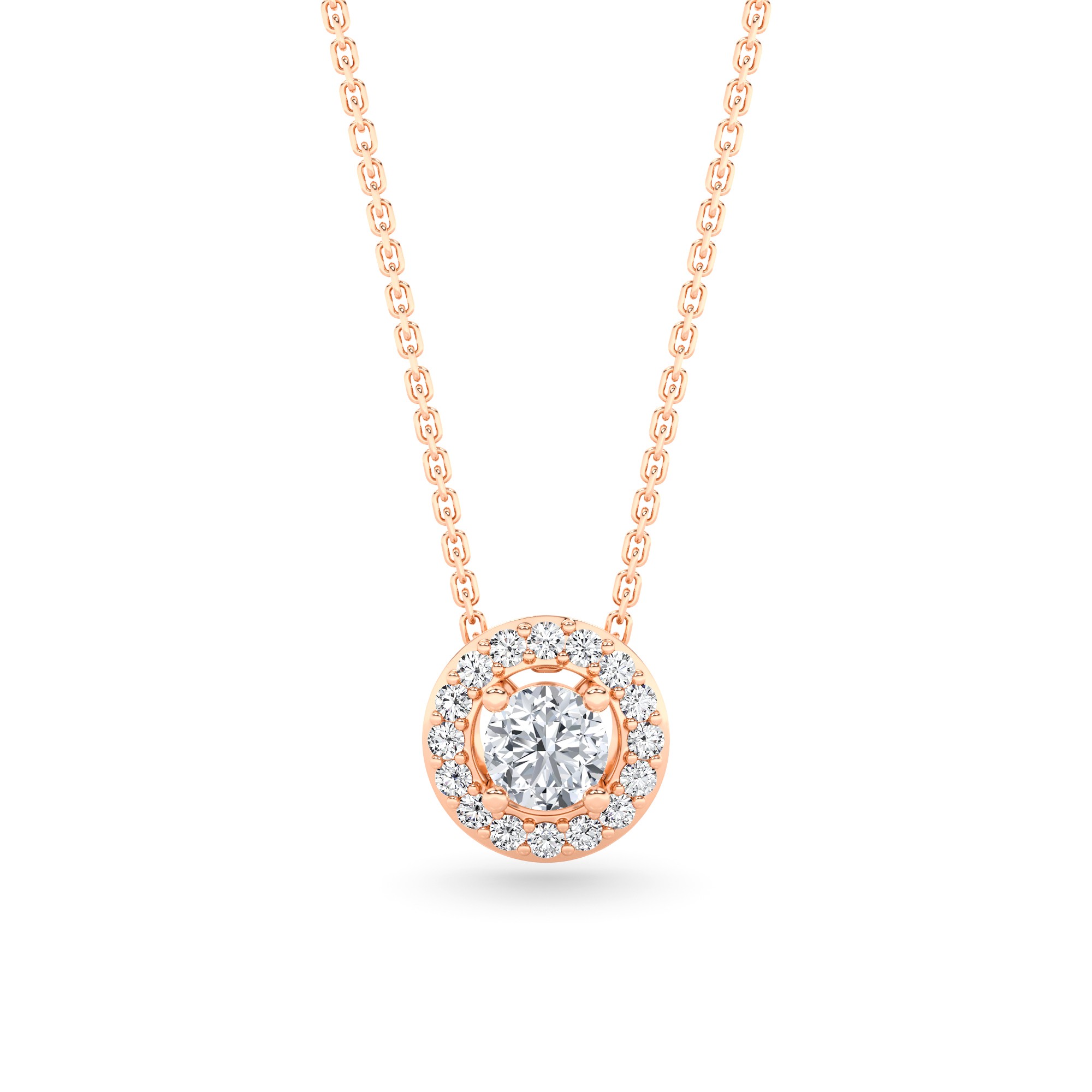 Classic Round Halo Diamond Pendant Necklace in 9K Rose Gold