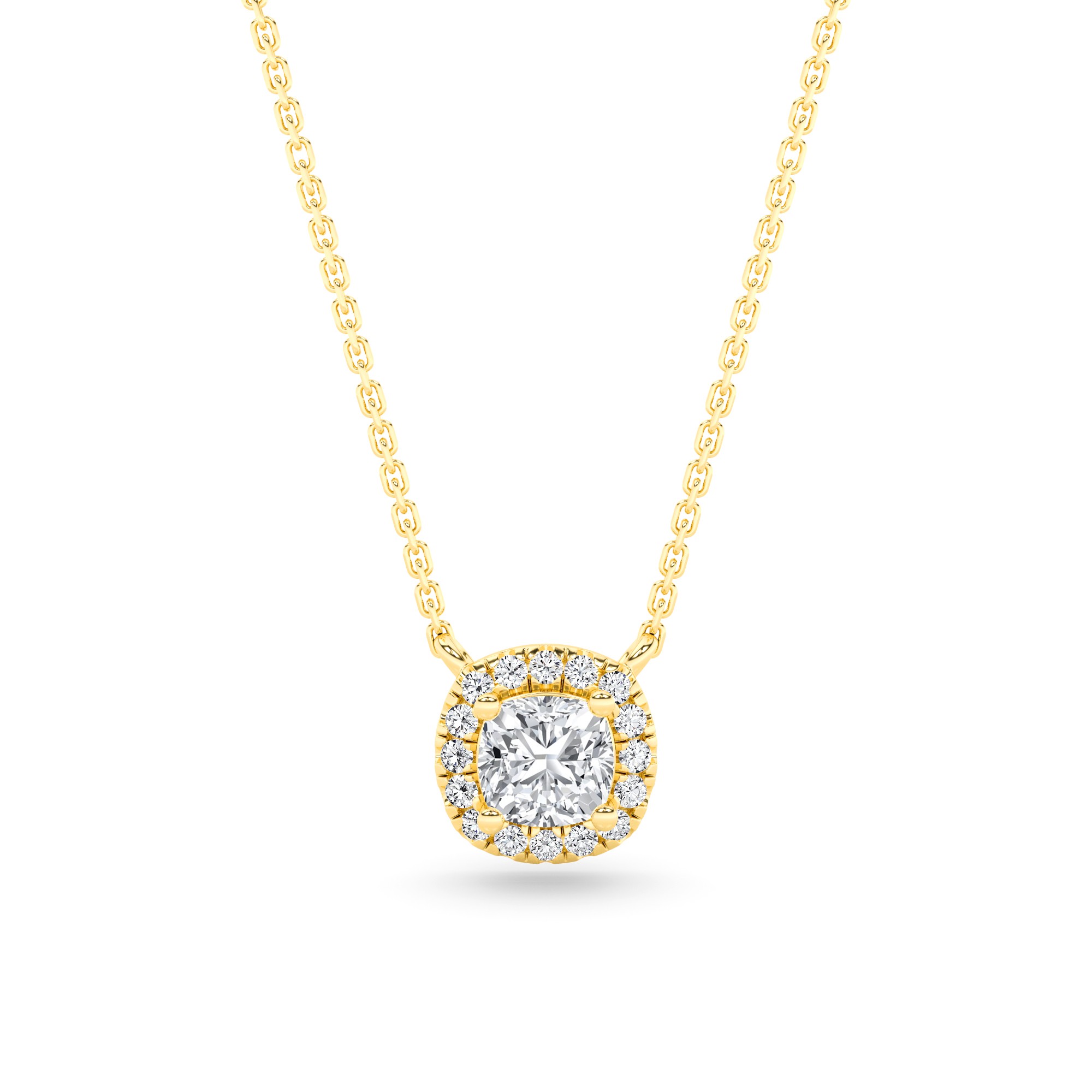 Nodern Cushion Cut Halo Diamond Pendant Necklace In 9K Yellow Gold