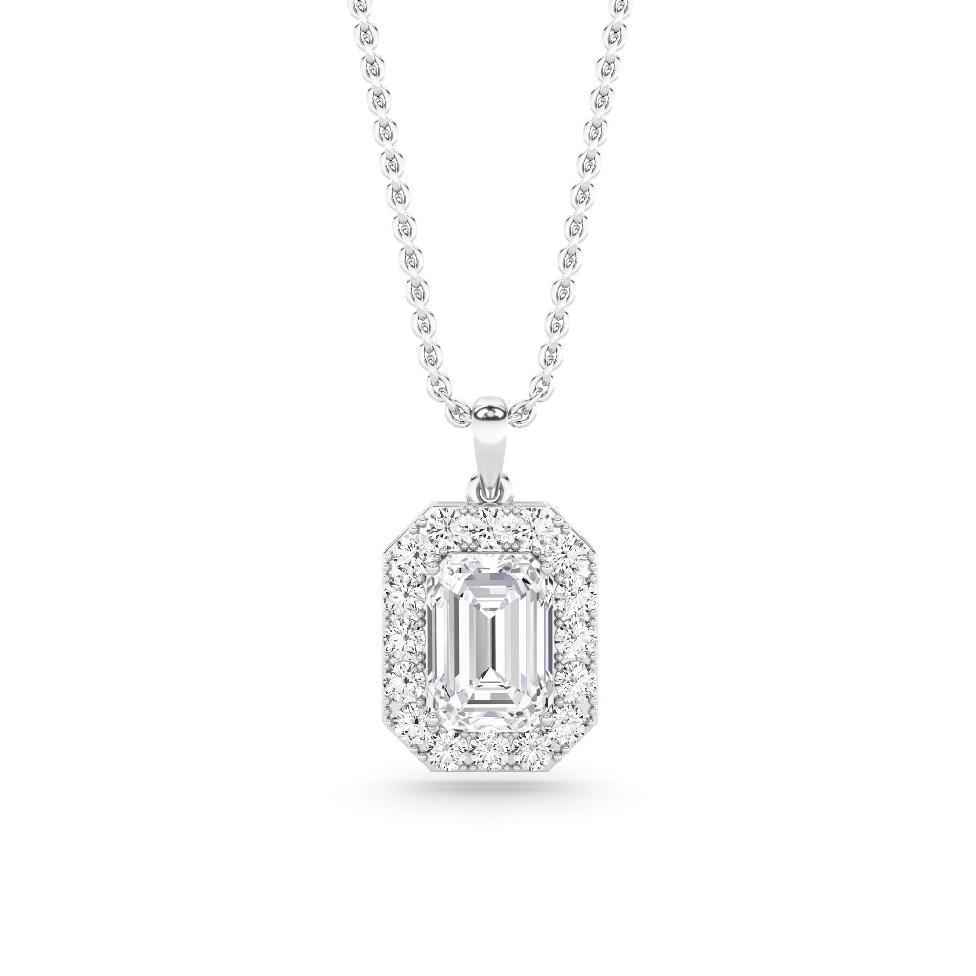 Diamond Blaze Halo Emerald Cut Pendant in 9K White Gold