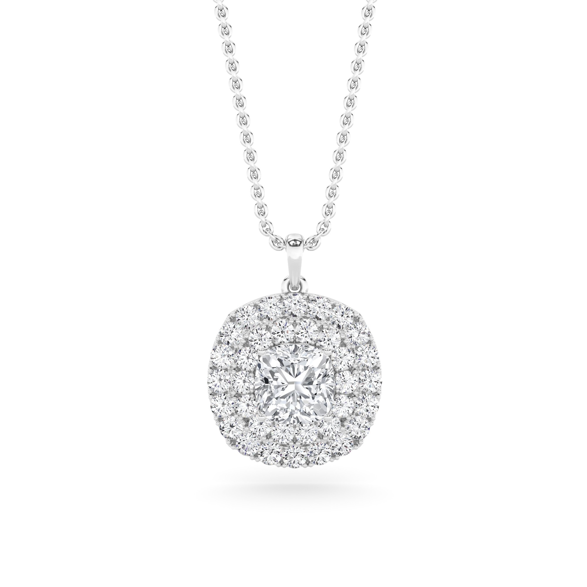 Fancy Style Double Halo Cushion Cut Pendant in 9K White Gold