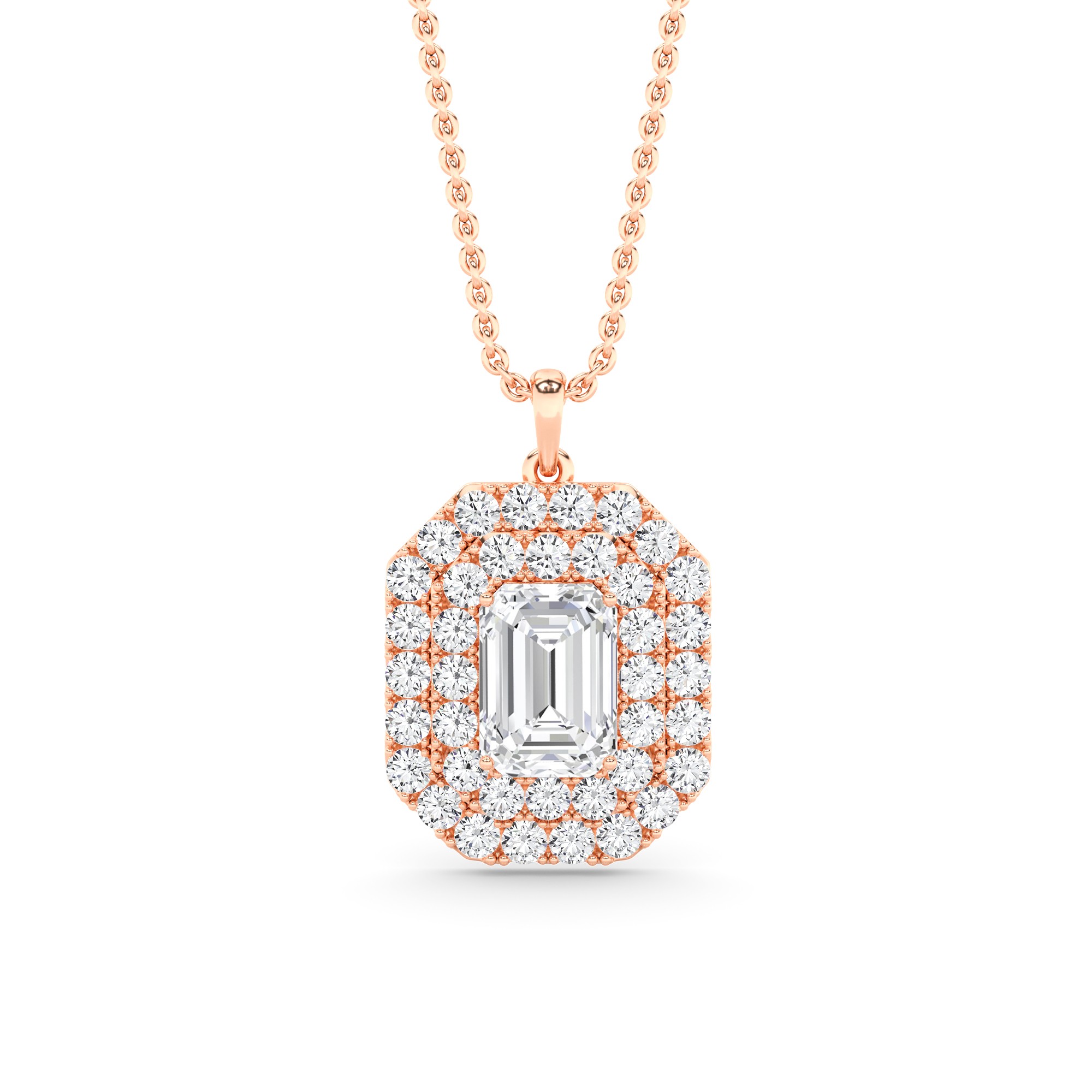 Fancy Style Double Halo Emerald Cut Diamond Pendant in 9K White Gold