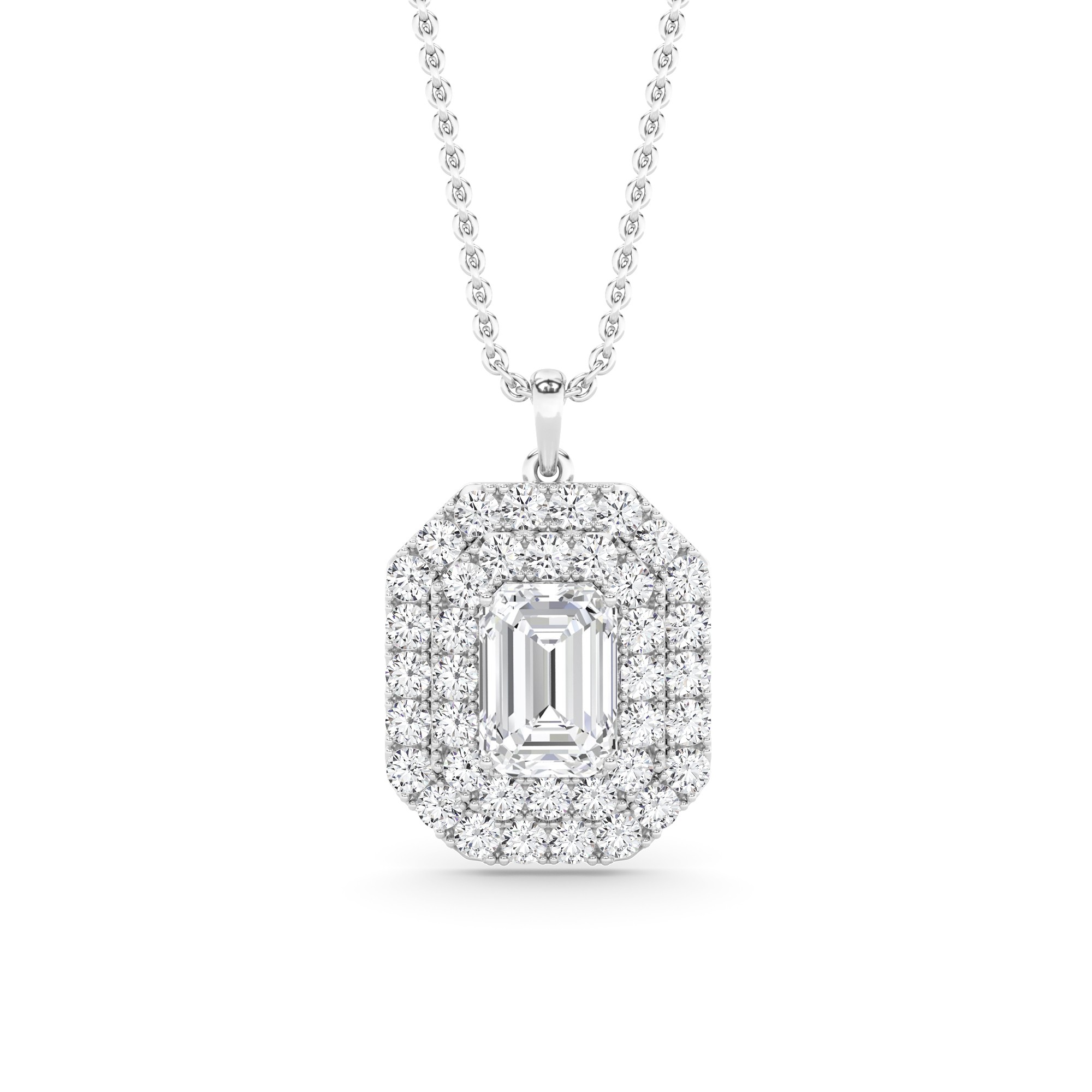 Fancy Style Double Halo Emerald Cut Diamond Pendant in 9K White Gold