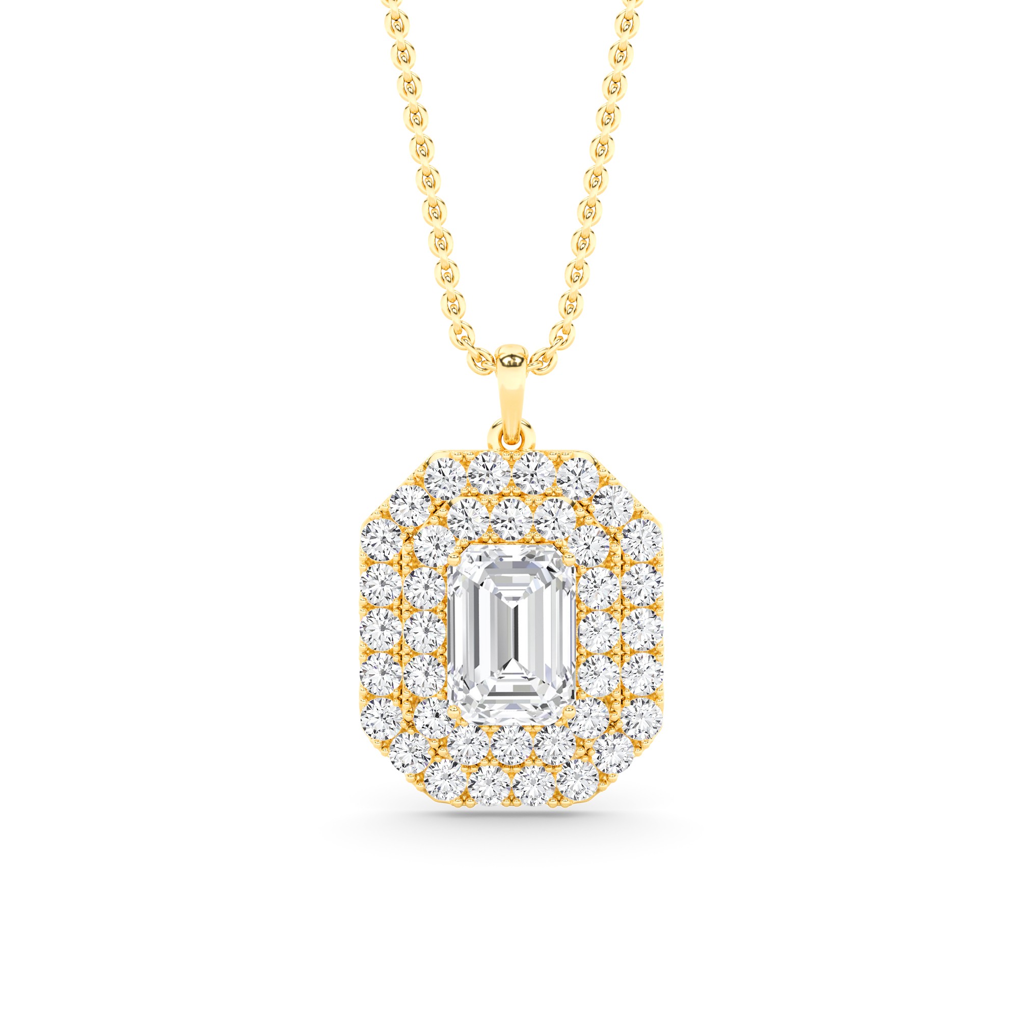 Fancy Style Double Halo Emerald Cut Diamond Pendant in 9K White Gold