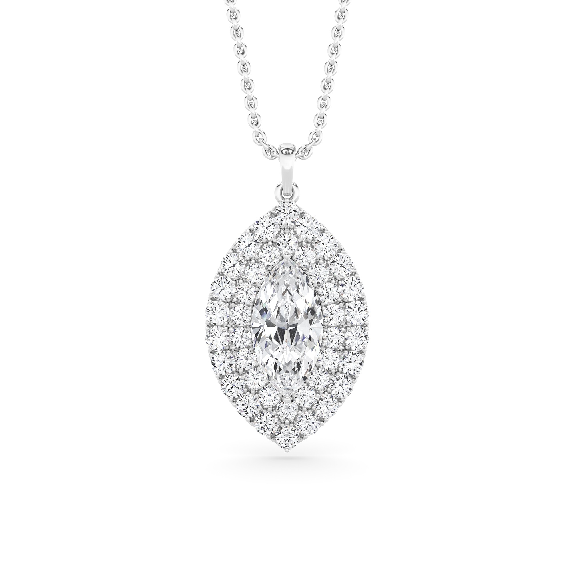 Fancy Style Double Halo Marquise Cut Pendant in 9K White Gold