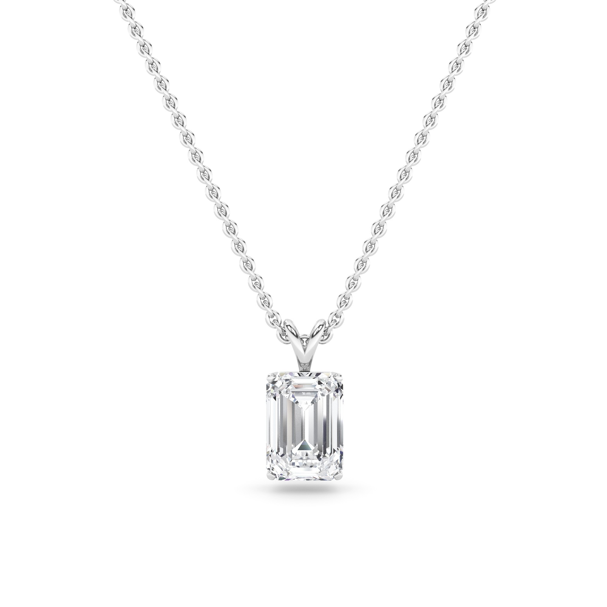 Classic Split Bale  4 Prong Emerald Cut Diamond Solitaire Pendant Necklaces in 9K White Gold