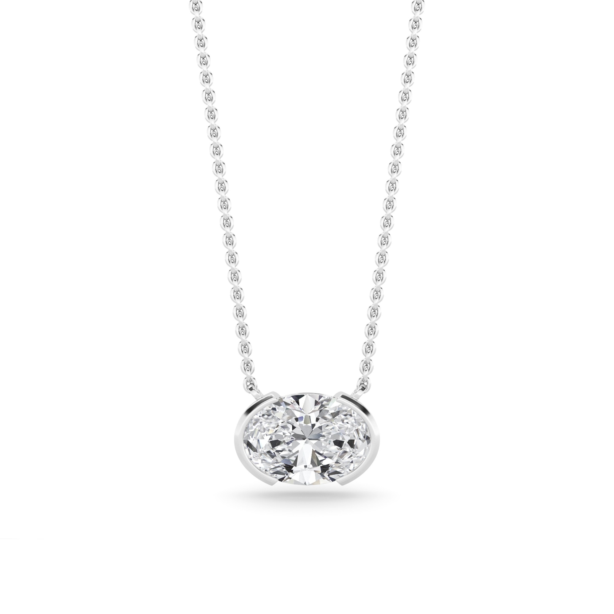 Dangling Half Bezel Setting Oval Cut Diamond Solitaire Pendant Necklaces in 9K White Gold