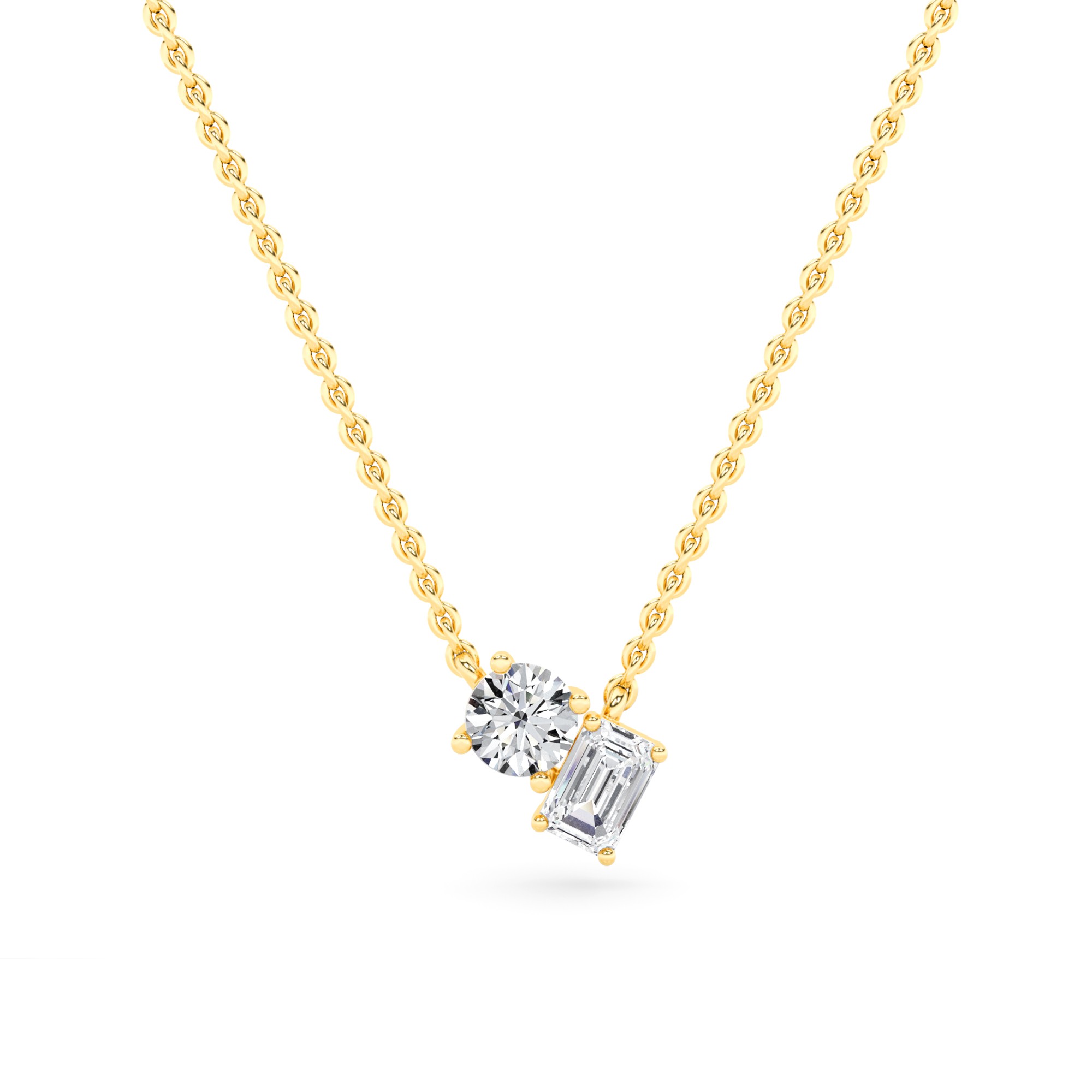 Toi Et Moi Style Prong Set Emerald and Round Cut Diamond Solitaire Pendant Necklaces in 9K Yellow Gold