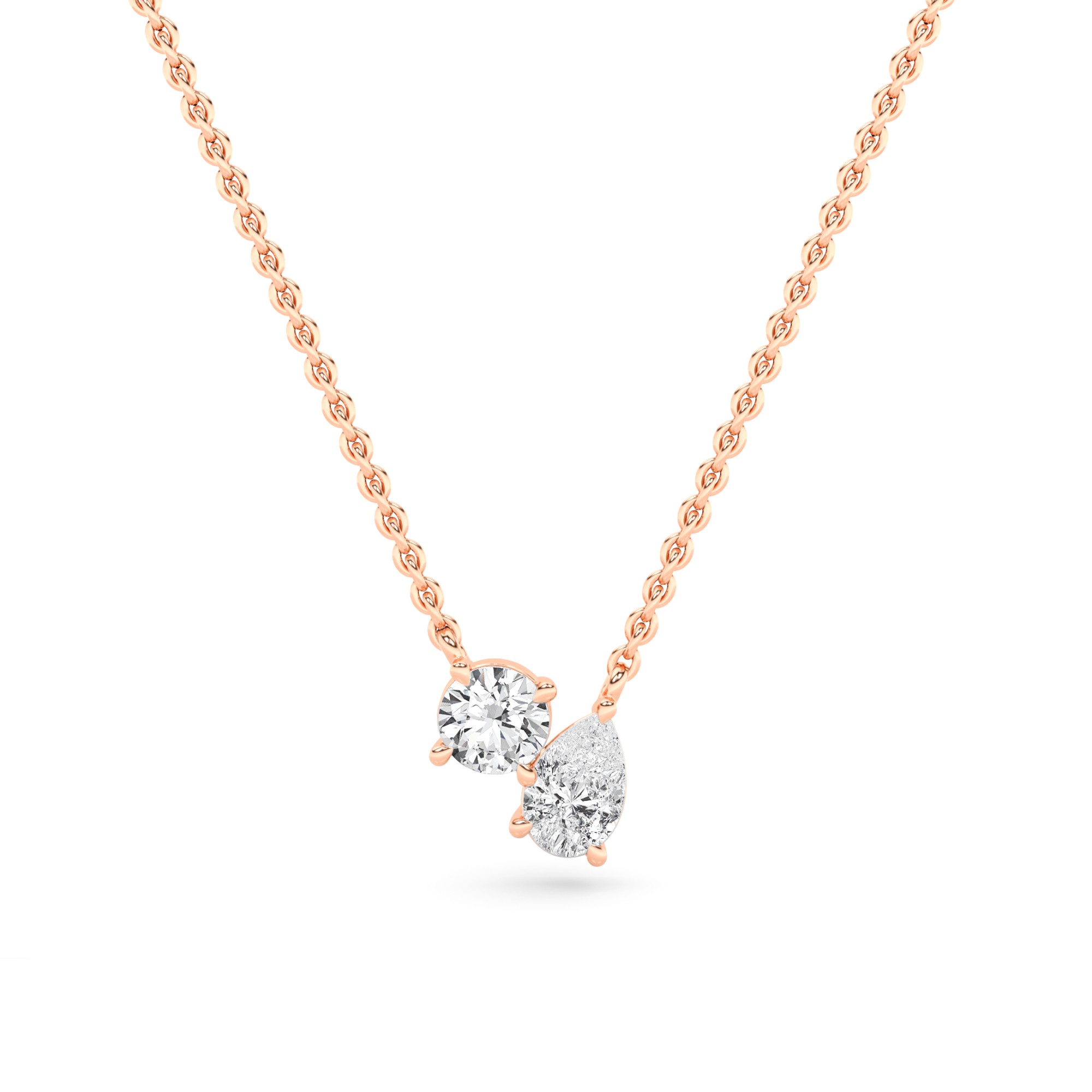 Toi Et Moi Style Prong Set Round and Pear Cut Promise Diamond Necklace in 9K Rose Gold