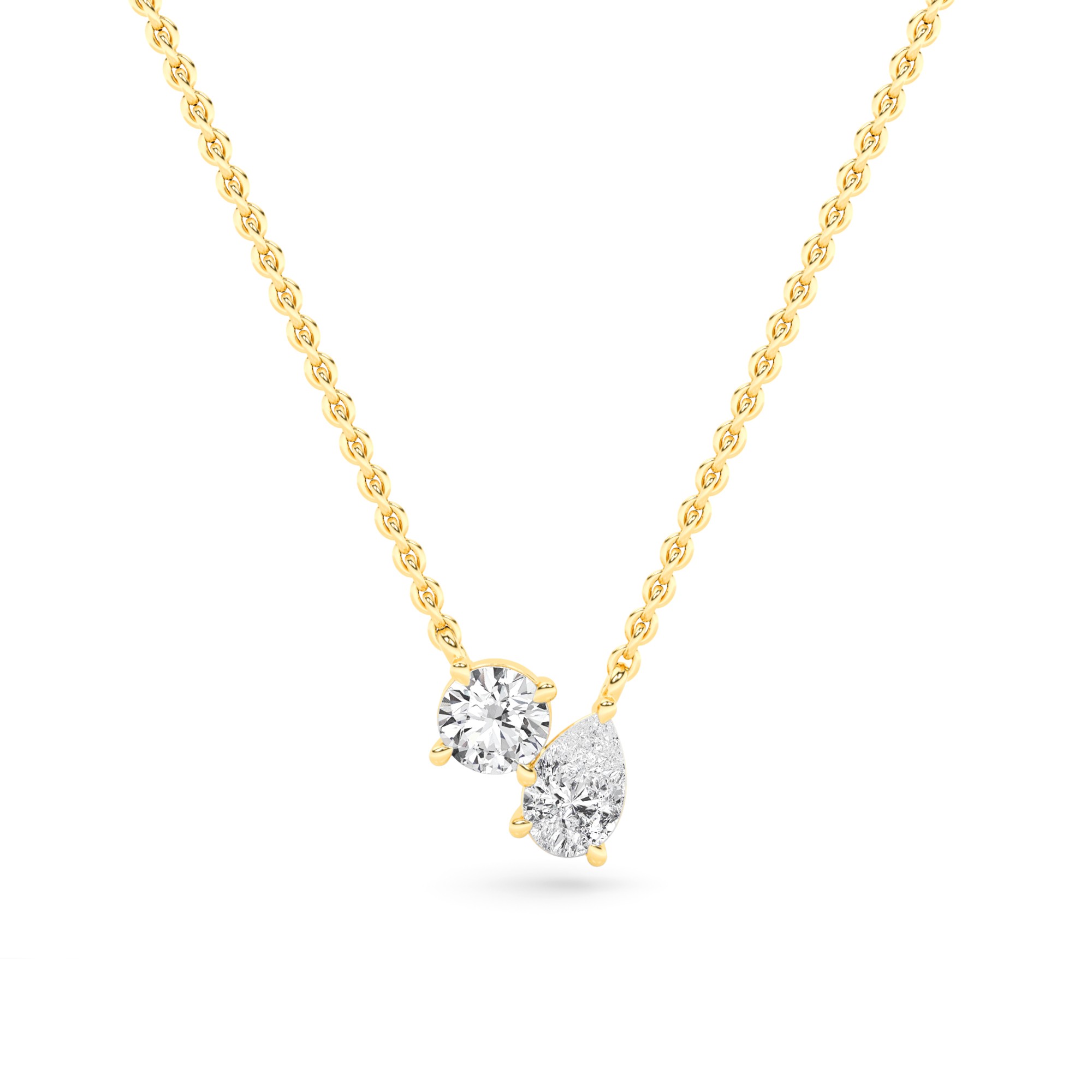 Toi Et Moi Style Prong Set Round and Pear Cut Promise Diamond Necklace in 9K Rose Gold