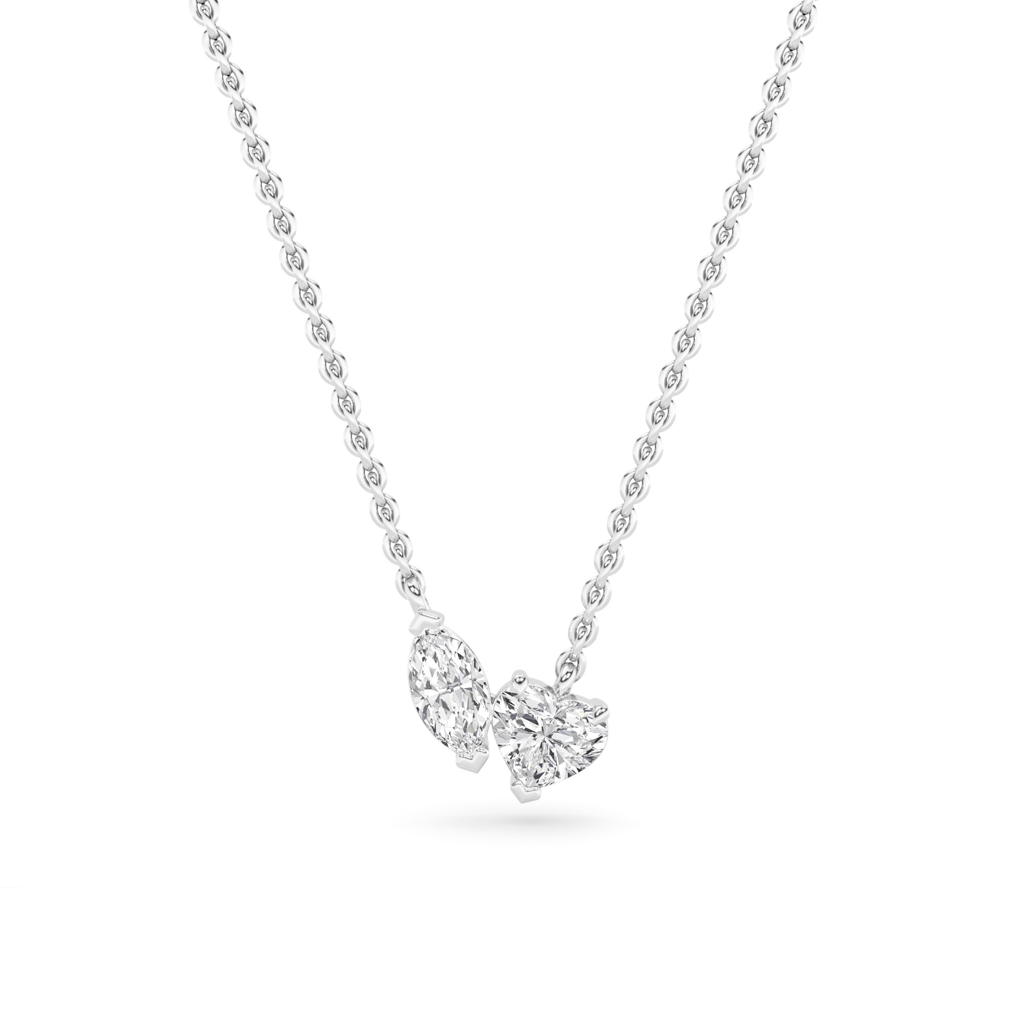 Toi Et Moi Style Prong Set Heart and Marquise Diamond Necklace in 9K White Gold