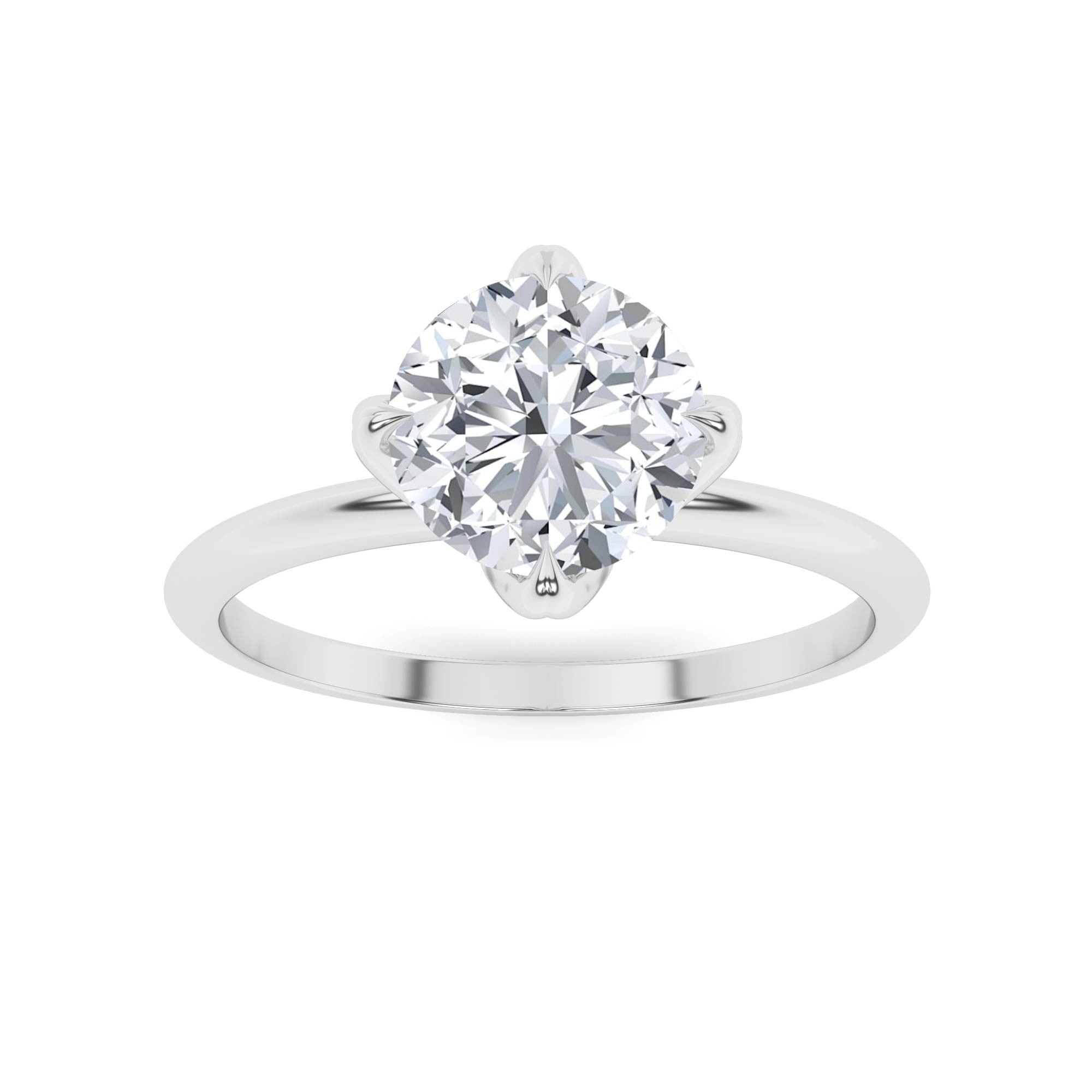 Unique Round Shank Flower Claw Round Cut Diamond Engagement Ring in 9K White Gold