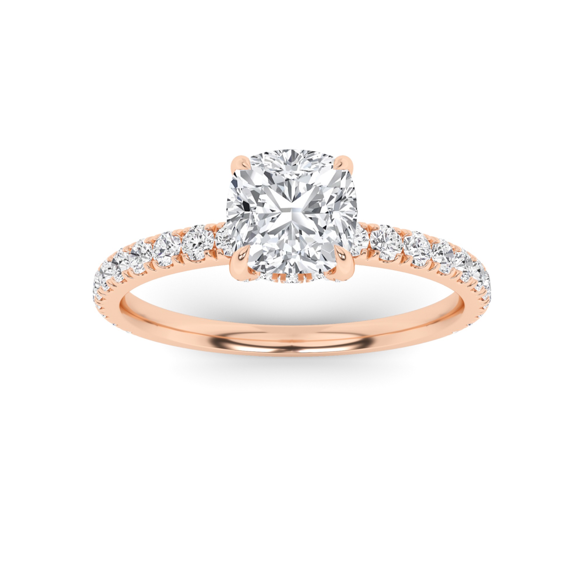 Hidden Halo 4 Prong Round Side Stone Diamond Engagment Ring in 9K Rose Gold
