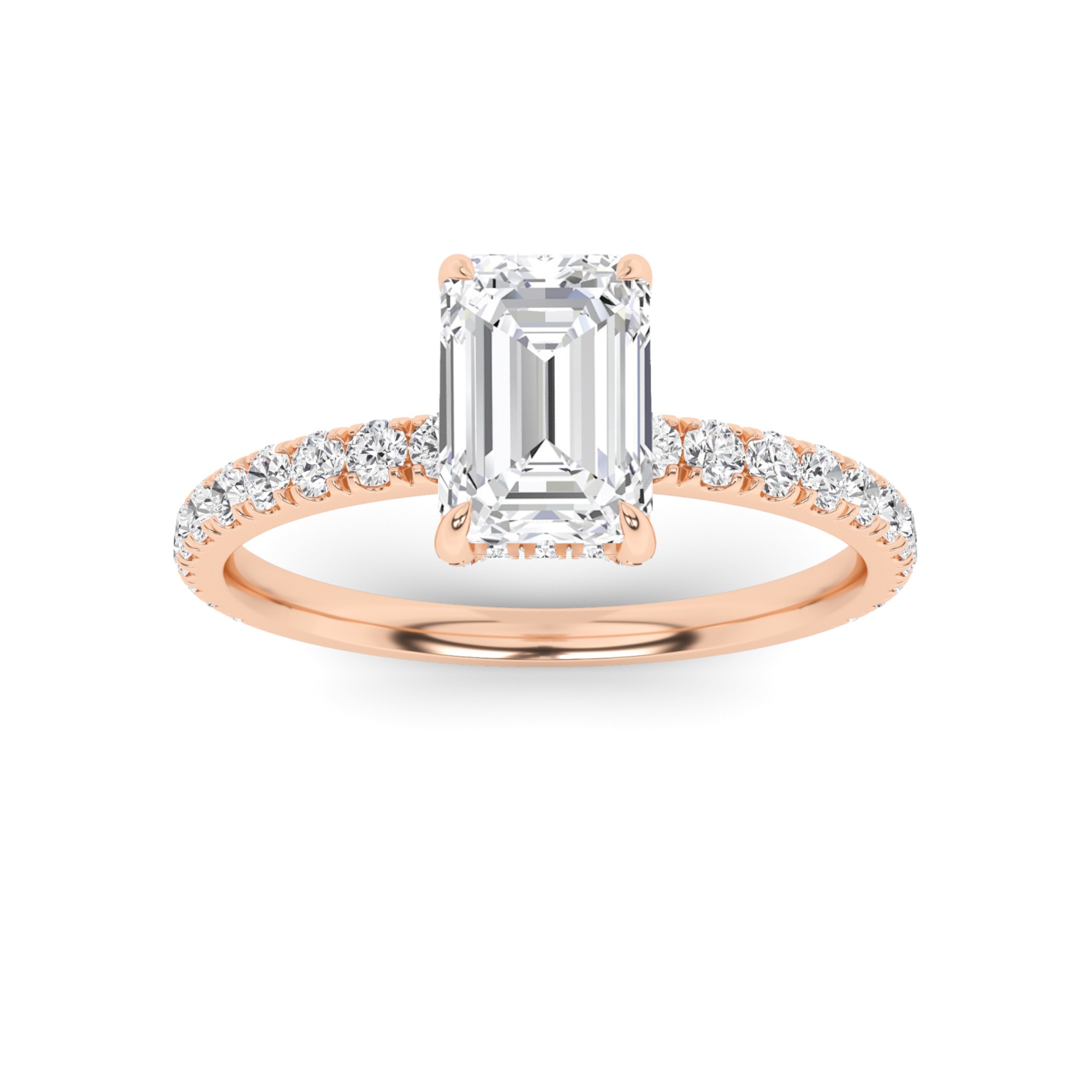 Hidden Halo 4 Prong Round Side Stone Diamond Engagment Ring in 9K Rose Gold