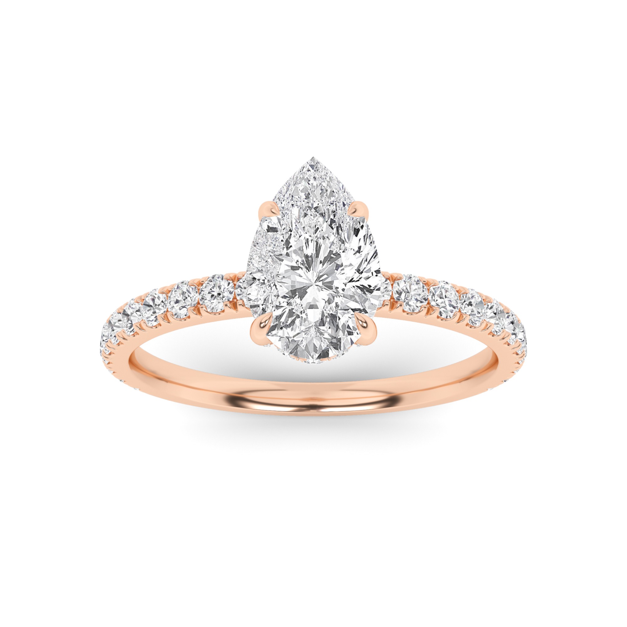Hidden Halo 4 Prong Round Side Stone Diamond Engagment Ring in 9K Rose Gold