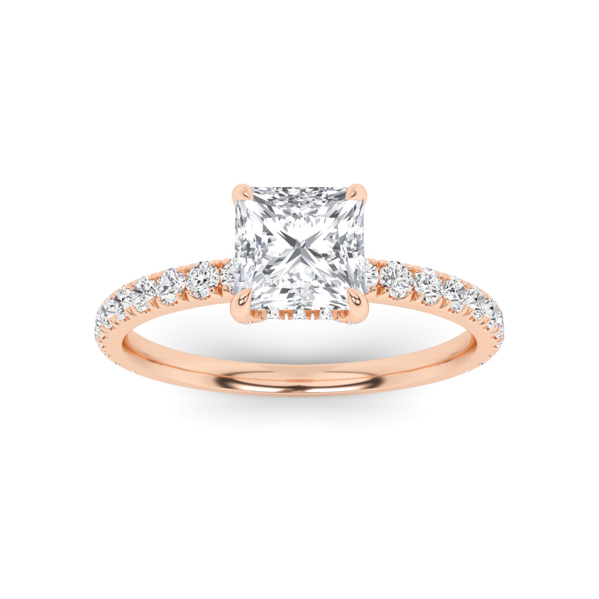Hidden Halo 4 Prong Round Side Stone Diamond Engagment Ring in 9K Rose Gold