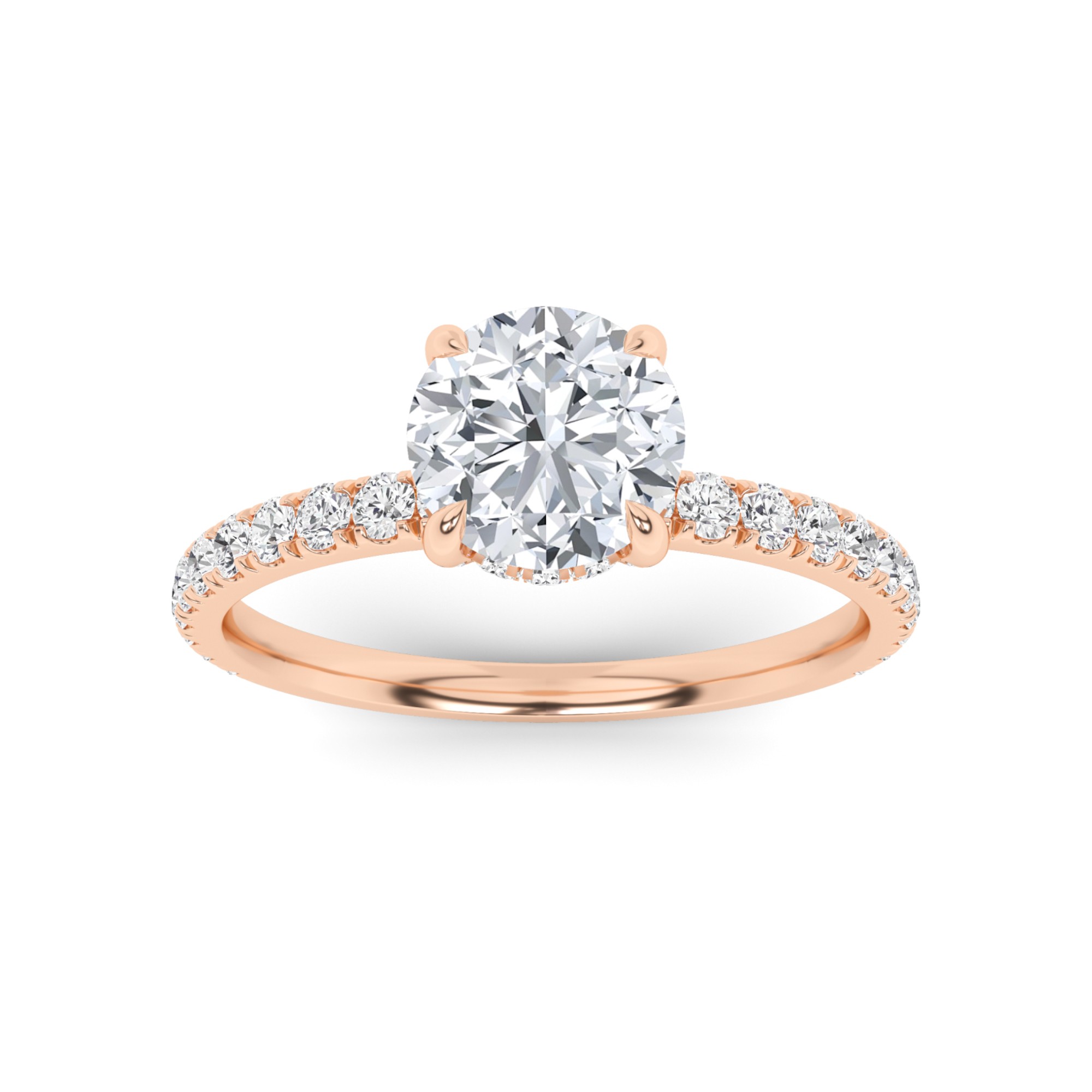 Hidden Halo 4 Prong Round Side Stone Diamond Engagment Ring in 9K Rose Gold