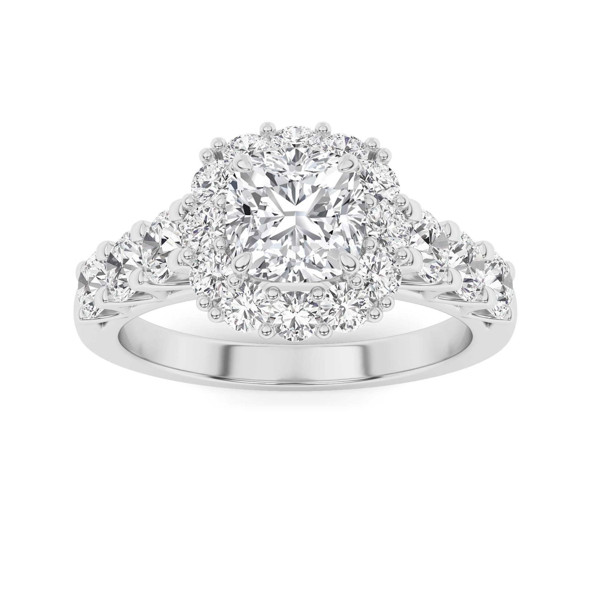 Vintage Halo Setting Prong Set Round Cut Side Stone Diamond Engagment Ring in 9K White Gold