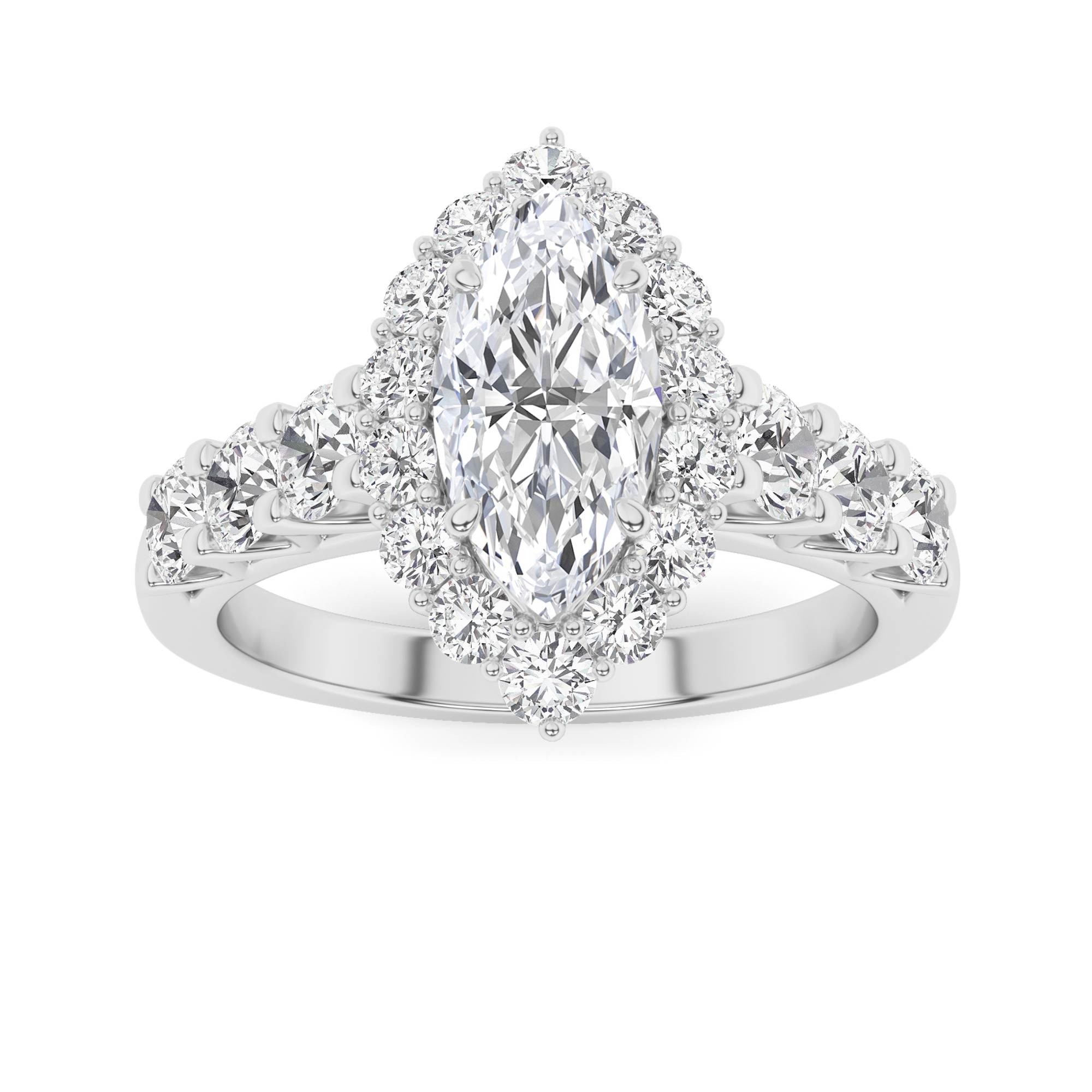Vintage Halo Setting Prong Set Round Cut Side Stone Diamond Engagment Ring in 9K White Gold