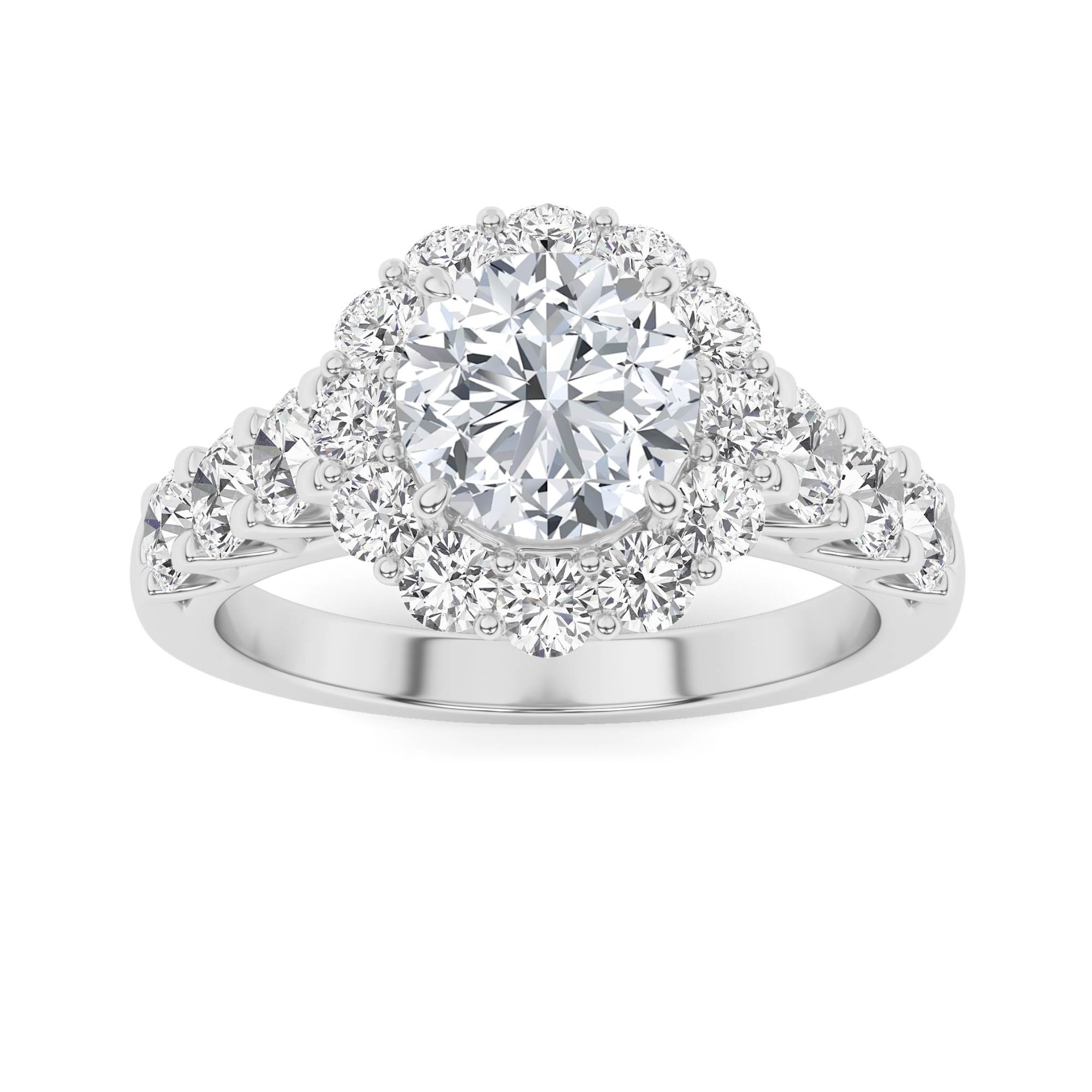 Vintage Halo Setting Prong Set Round Cut Side Stone Diamond Engagment Ring in 9K White Gold