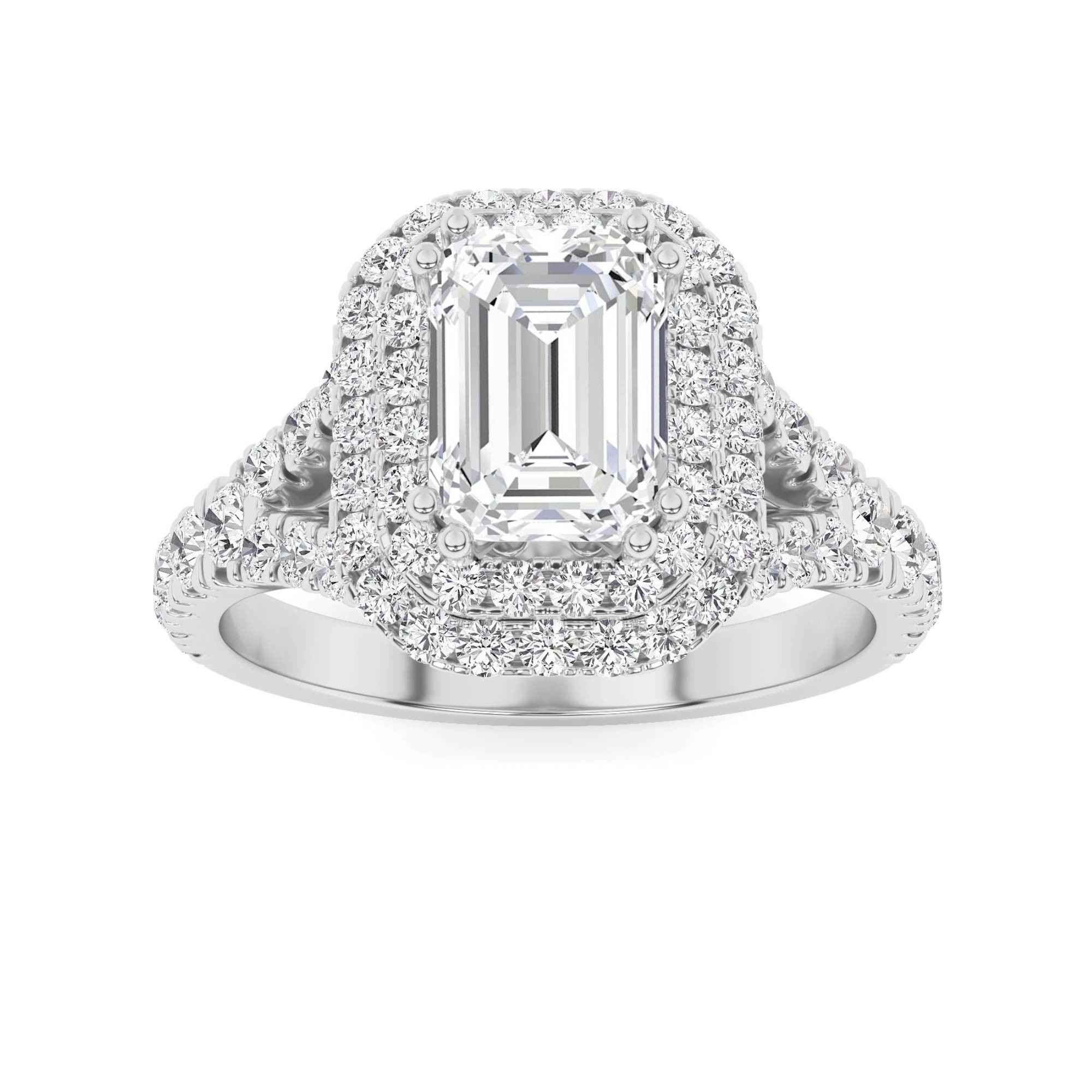 Elegant Double Halo High Setting Round Side Stone Diamond Halo Engagment Ring in 9K White Gold