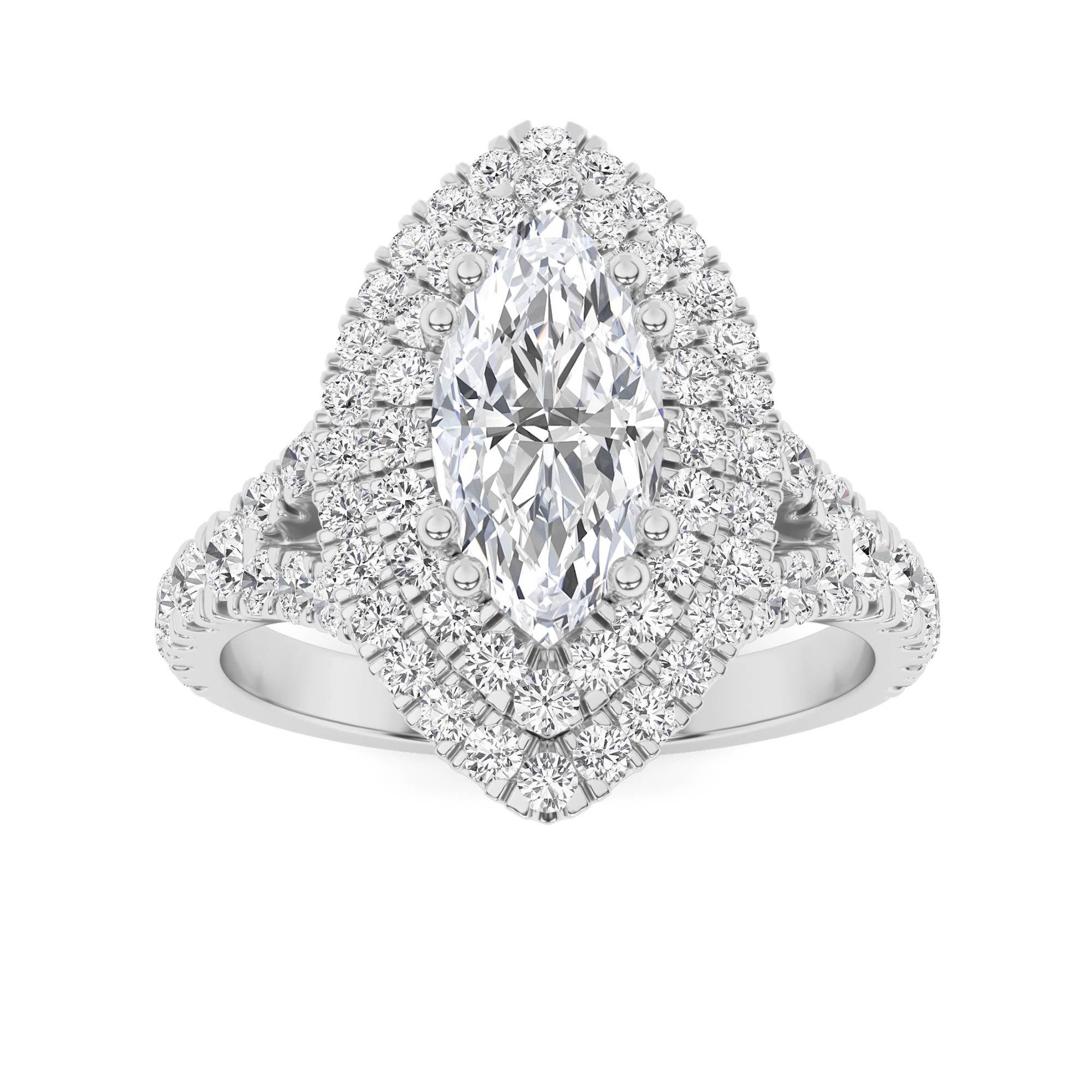 Elegant Double Halo High Setting Round Side Stone Diamond Halo Engagment Ring in 9K White Gold