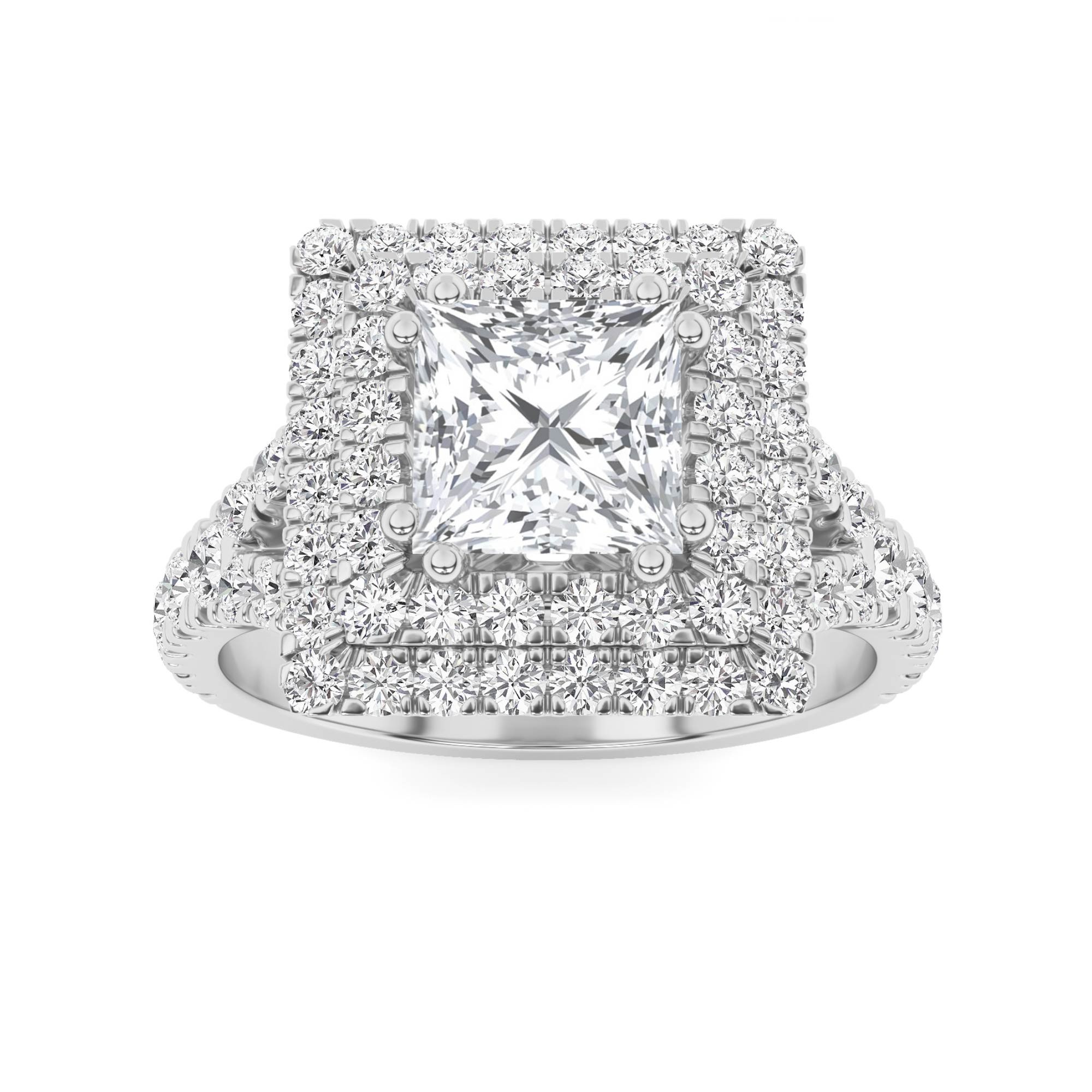 Elegant Double Halo High Setting Round Side Stone Diamond Halo Engagment Ring in 9K White Gold