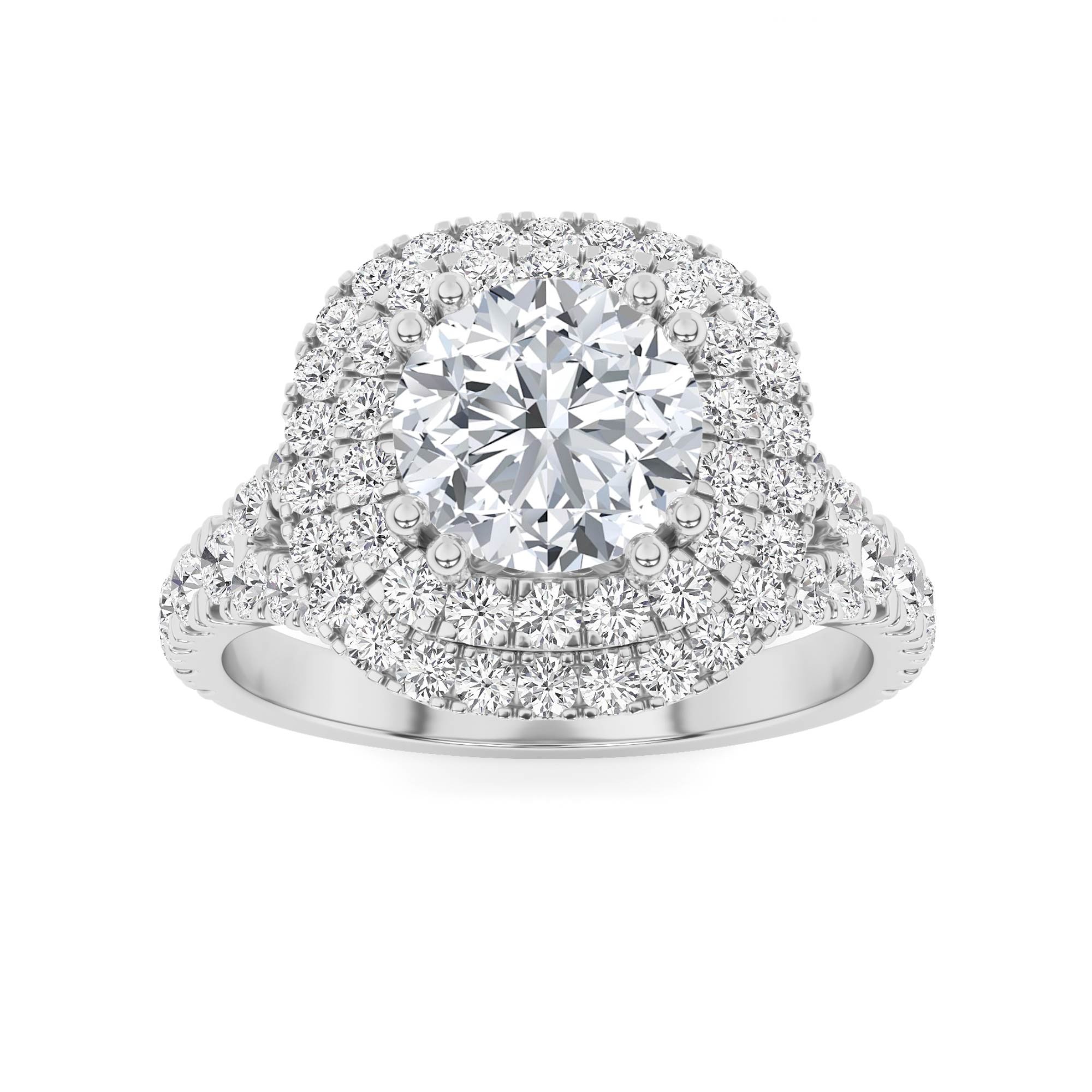 Elegant Double Halo High Setting Round Side Stone Diamond Halo Engagment Ring in 9K White Gold