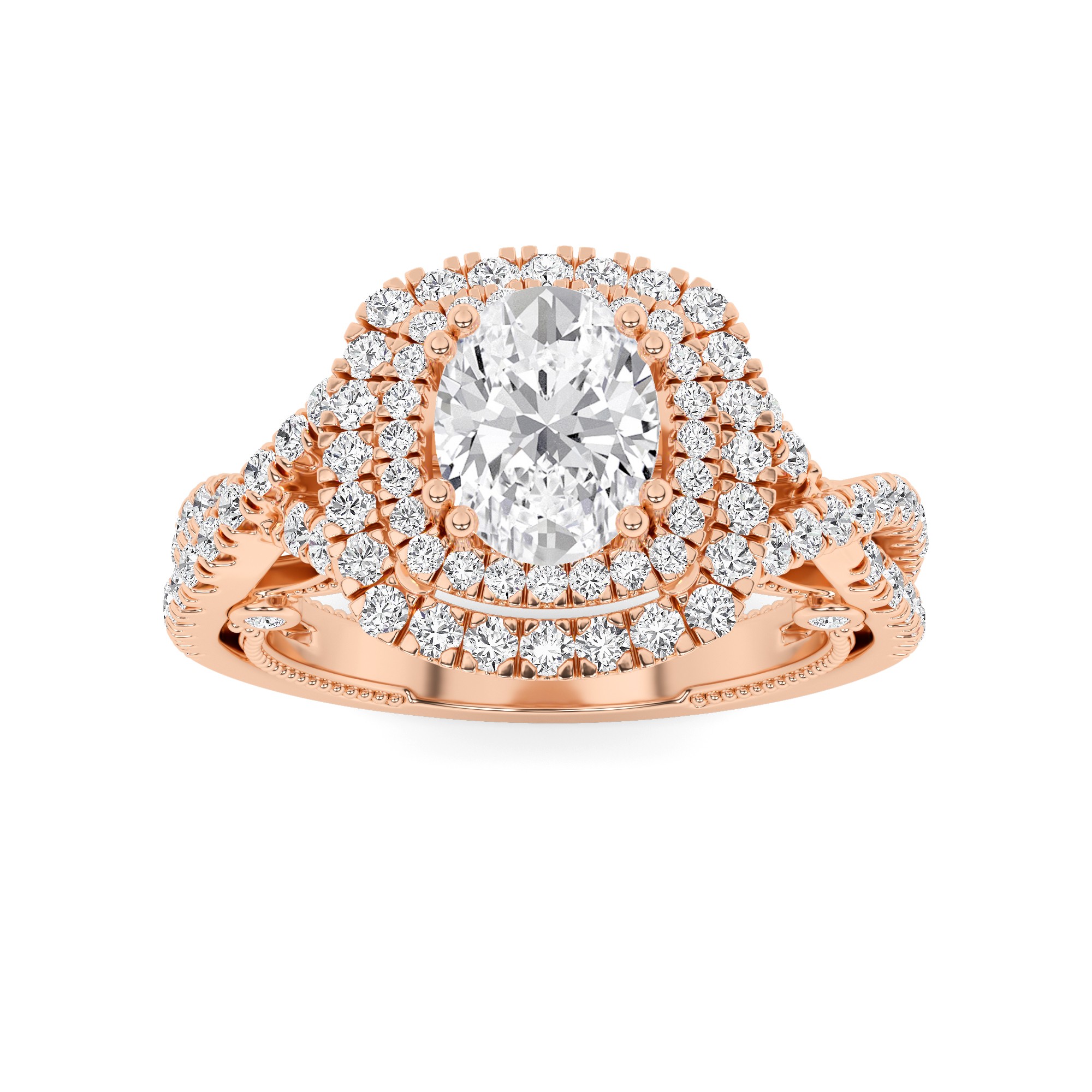 Designer Twisted Halo Round Diamond Engagment Ring in 9K Rose Gold